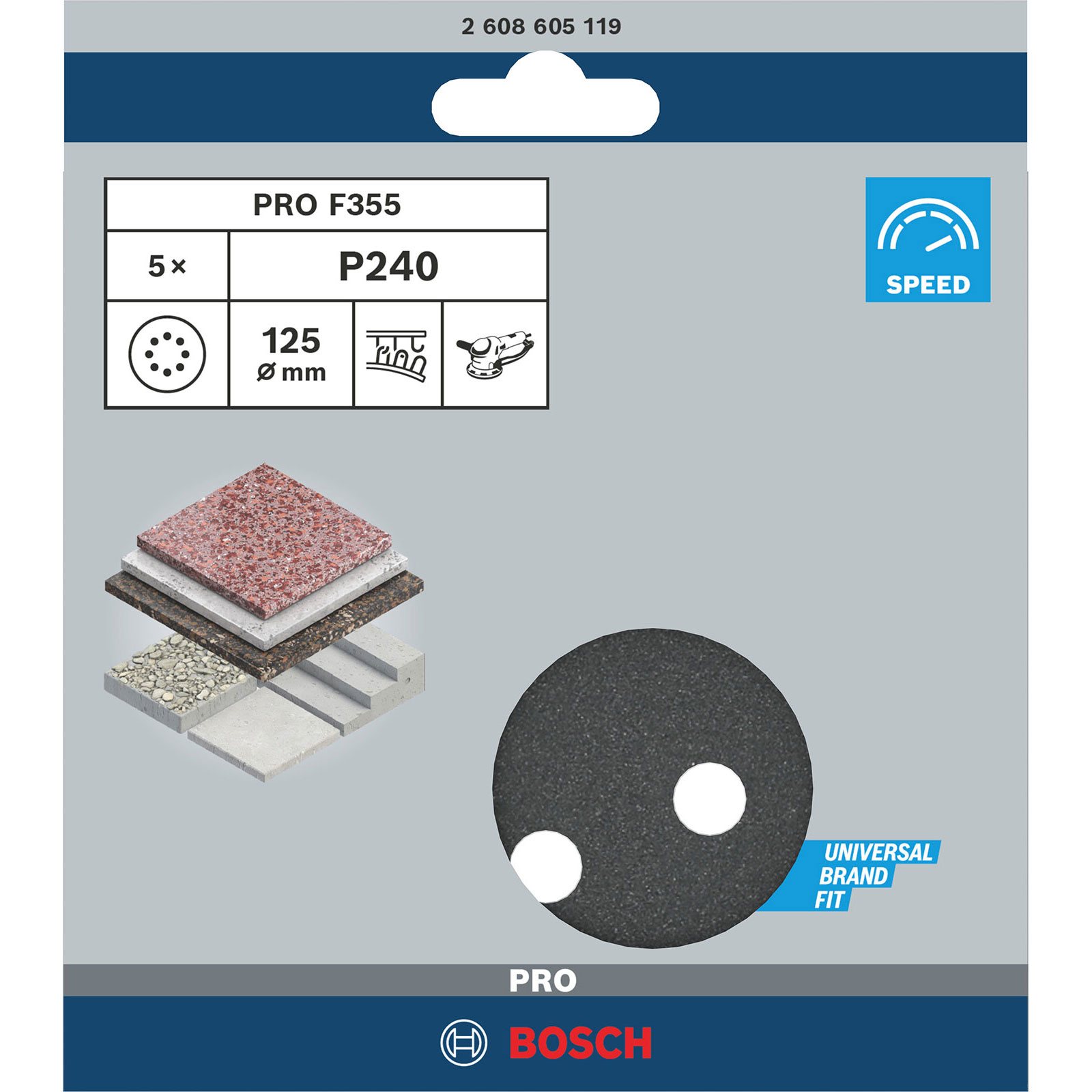 Bosch PRO F355 Schleifscheibe. Enthält Stein- und Betonschichten. Enthält Geschwindigkeitsanzeige und universelle Markenpassform.