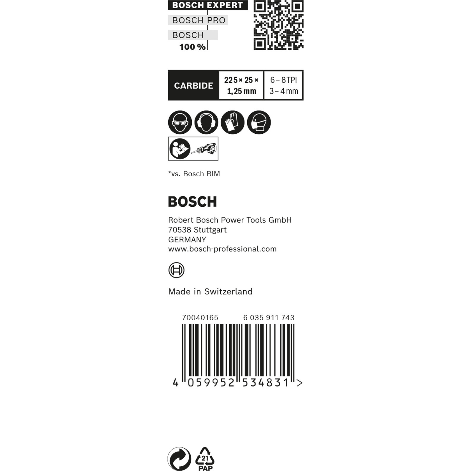 Etykieta produktu Bosch. Tekst zawiera 'BOSCH EXPERT', 'CARBIDE', wymiary, ikony bezpieczeństwa i kod kreskowy. Wyprodukowano w Szwajcarii.