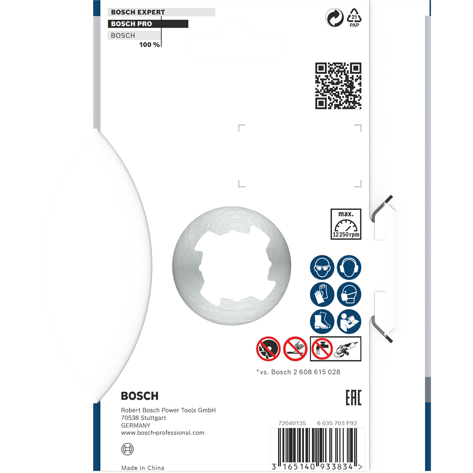Bosch Produktverpackung. Weißer Hintergrund mit grauer Werkzeugscheibe und Sicherheitssymbolen. Markeninfo und Produktdetails sichtbar.