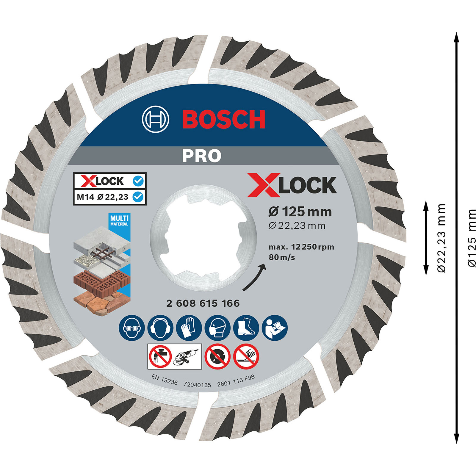 Bosch Pro X-LOCK Trennscheibe. Grau und blau mit Text und Sicherheitssymbolen. Zeigt Abmessungen und Multi-Material-Nutzung.