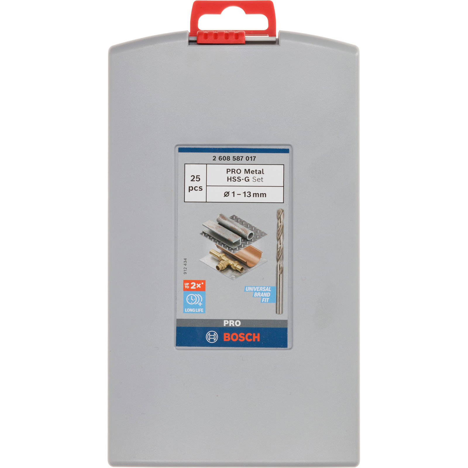 Graue Bosch-Bohrer-Set-Box. Enthält Metallbohrer. Roter Griff oben.