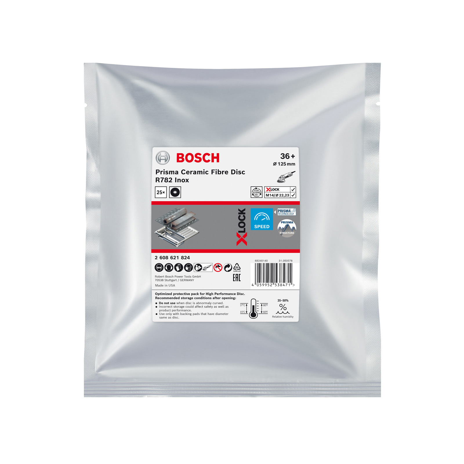 Bosch Prisma Ceramic Fibre Disc R782 Inox paketi. Ürün detayları ve güvenlik bilgileri içeren gümüş renkli paket.