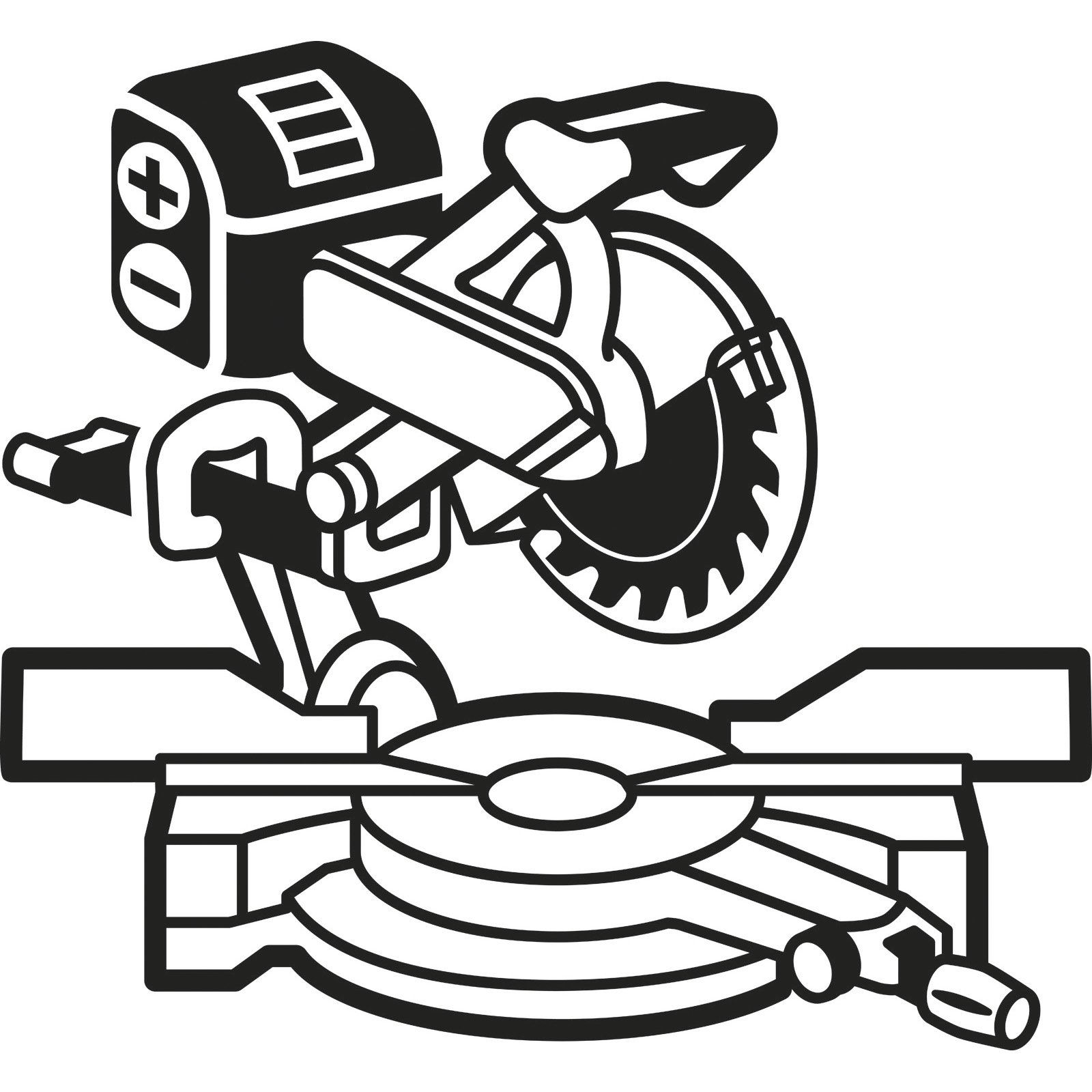 Schwarz-Weiß-Illustration einer Gehrungssäge. Sie hat eine Klinge, einen Motor und eine Basis zum Schneiden von Holz.