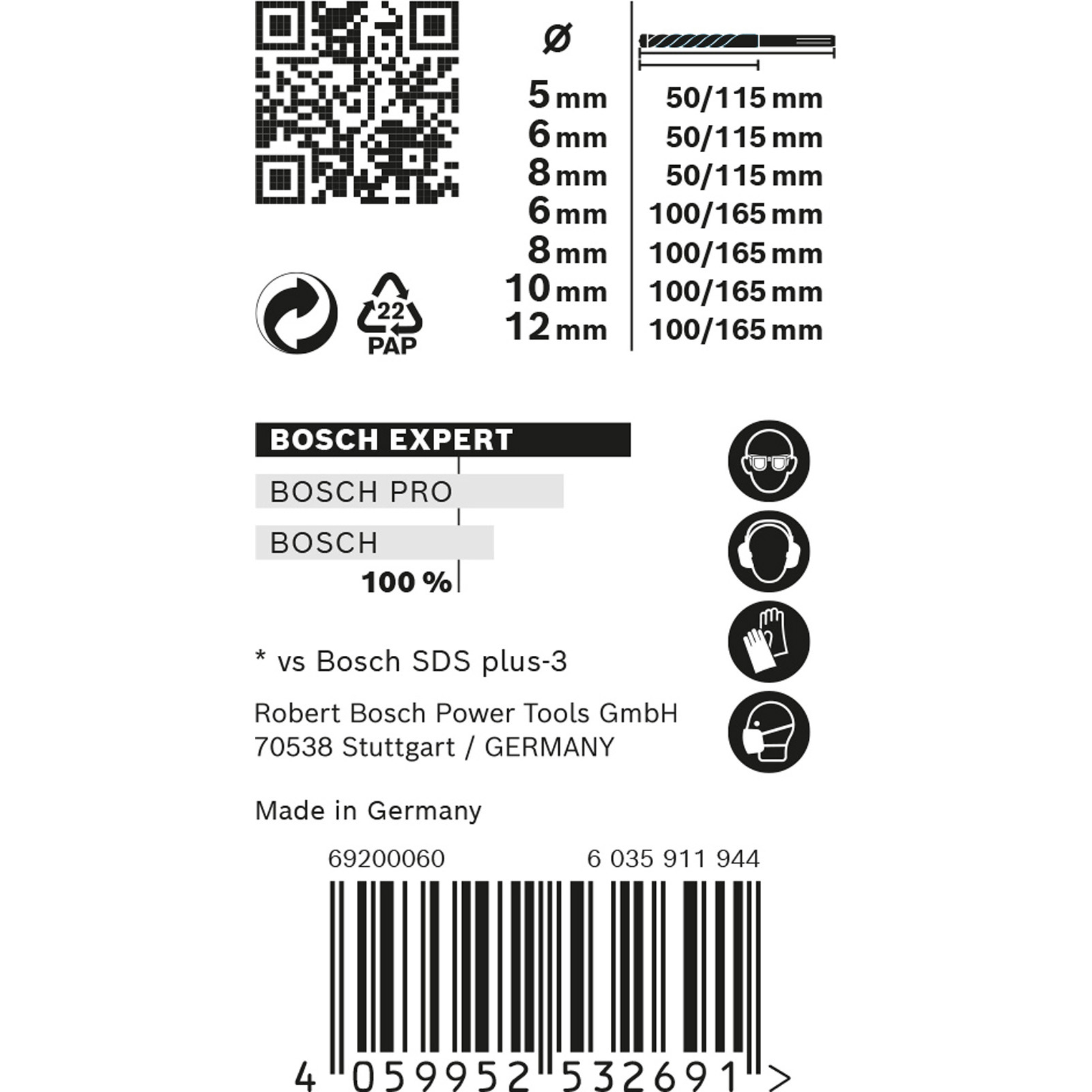 Ein Produktetikett mit Text, Abmessungen und Sicherheitssymbolen für Bosch Expert-Werkzeuge; enthält einen Barcode und einen QR-Code.
