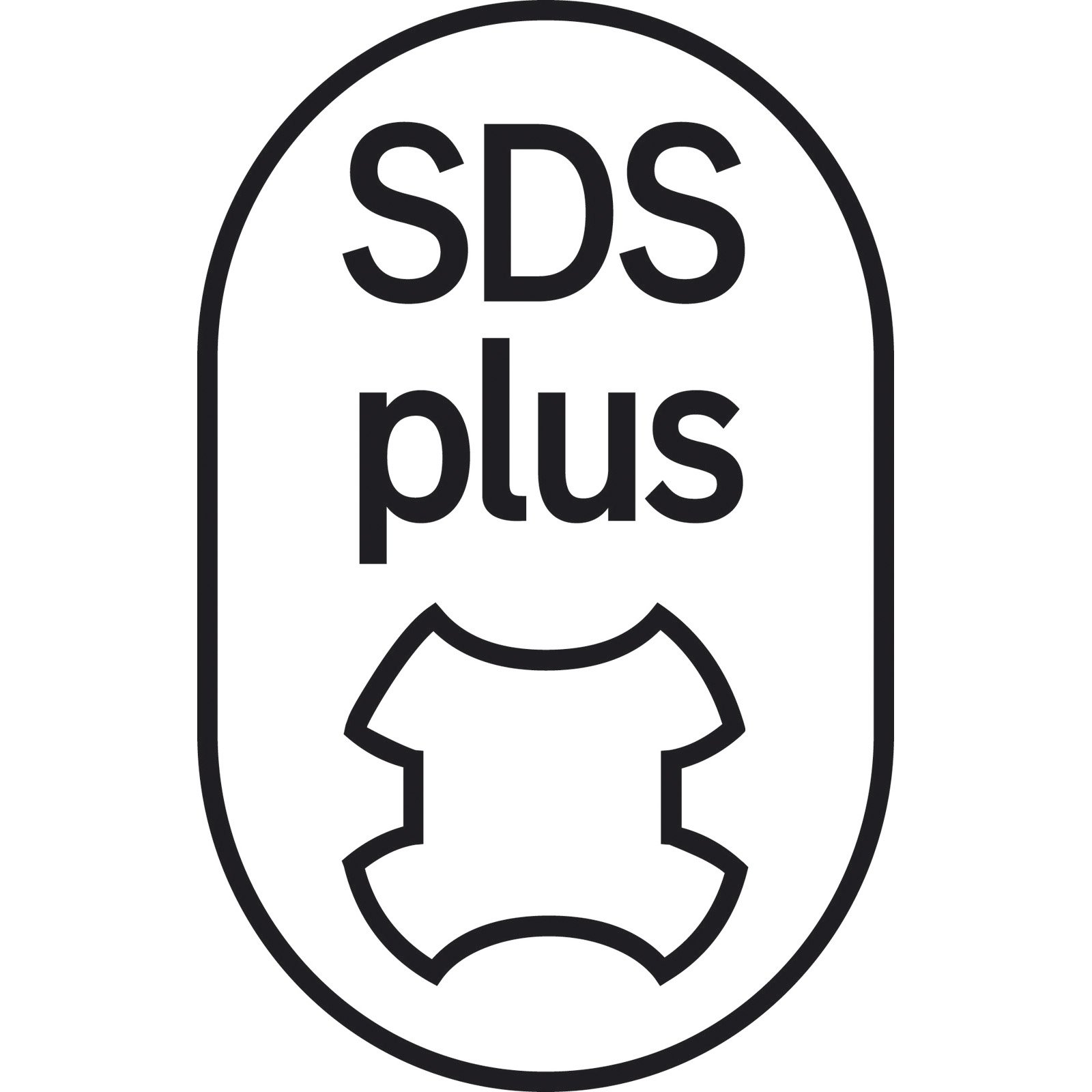 Schwarz-weißes SDS plus Logo. Der Text befindet sich über einer abstrakten Form in einem Oval.