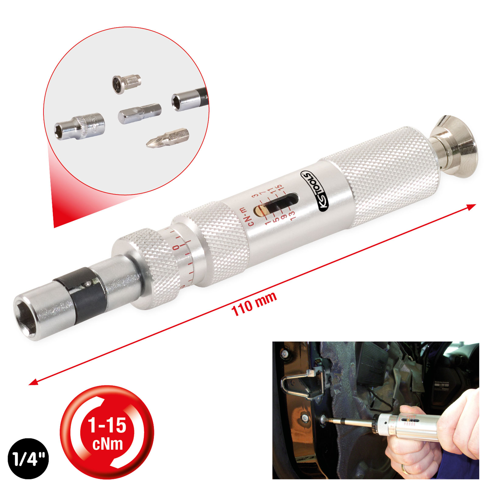 Drehmomentschlüssel mit Bits, 110 mm lang. Roter Kreis zeigt 1-15 cNm und 1/4". Person benutzt ihn an Autotür.