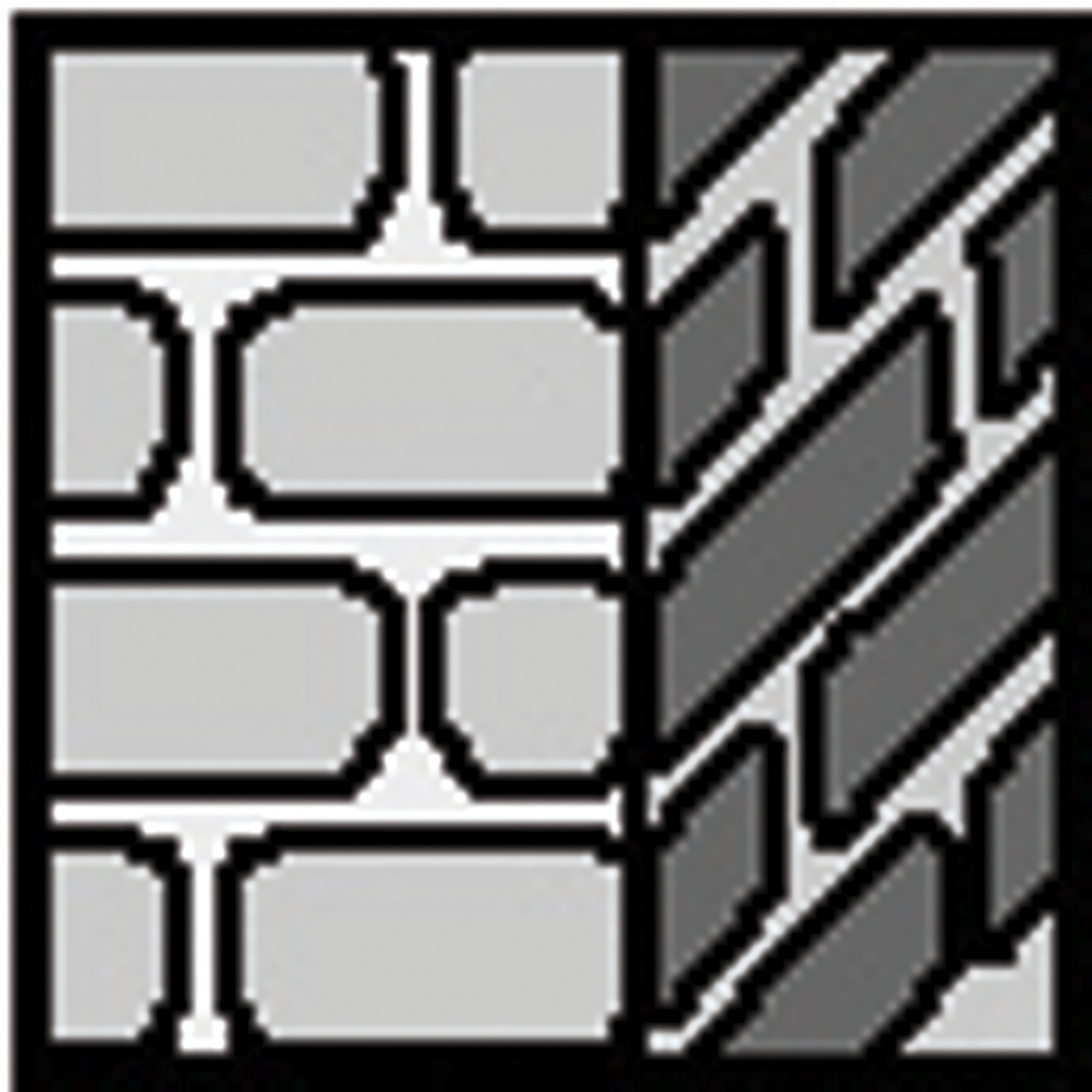 Zapikselowany obraz ściany. Lewa strona to cegła, prawa to kątowe kamienie, obie w kolorze szarym.