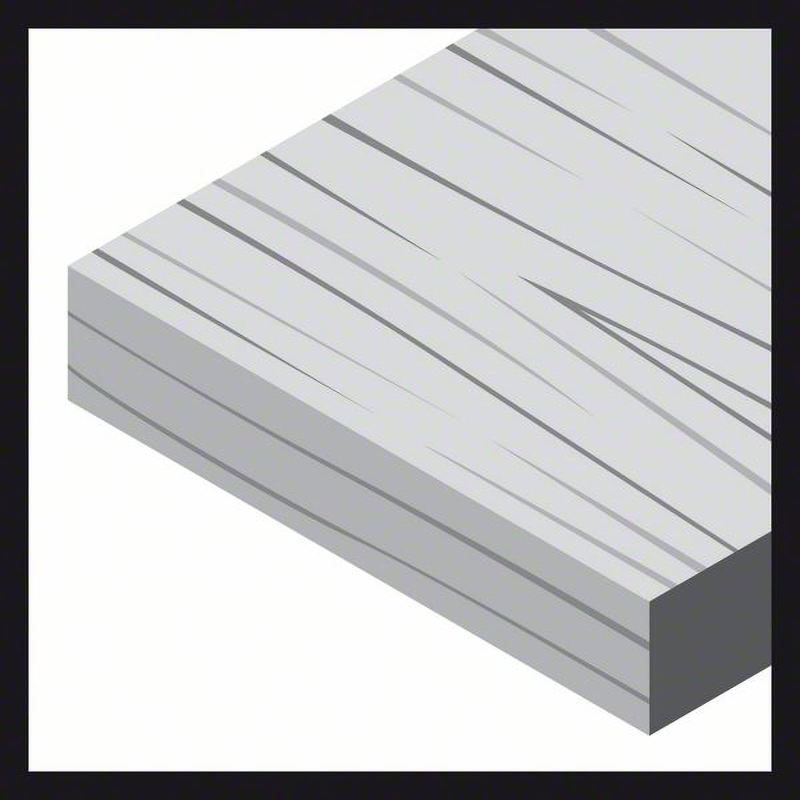 Isometrische Ansicht eines grauen Holzbretts mit parallelen Linien, umgeben von einem schwarzen Rahmen auf weißem Hintergrund.