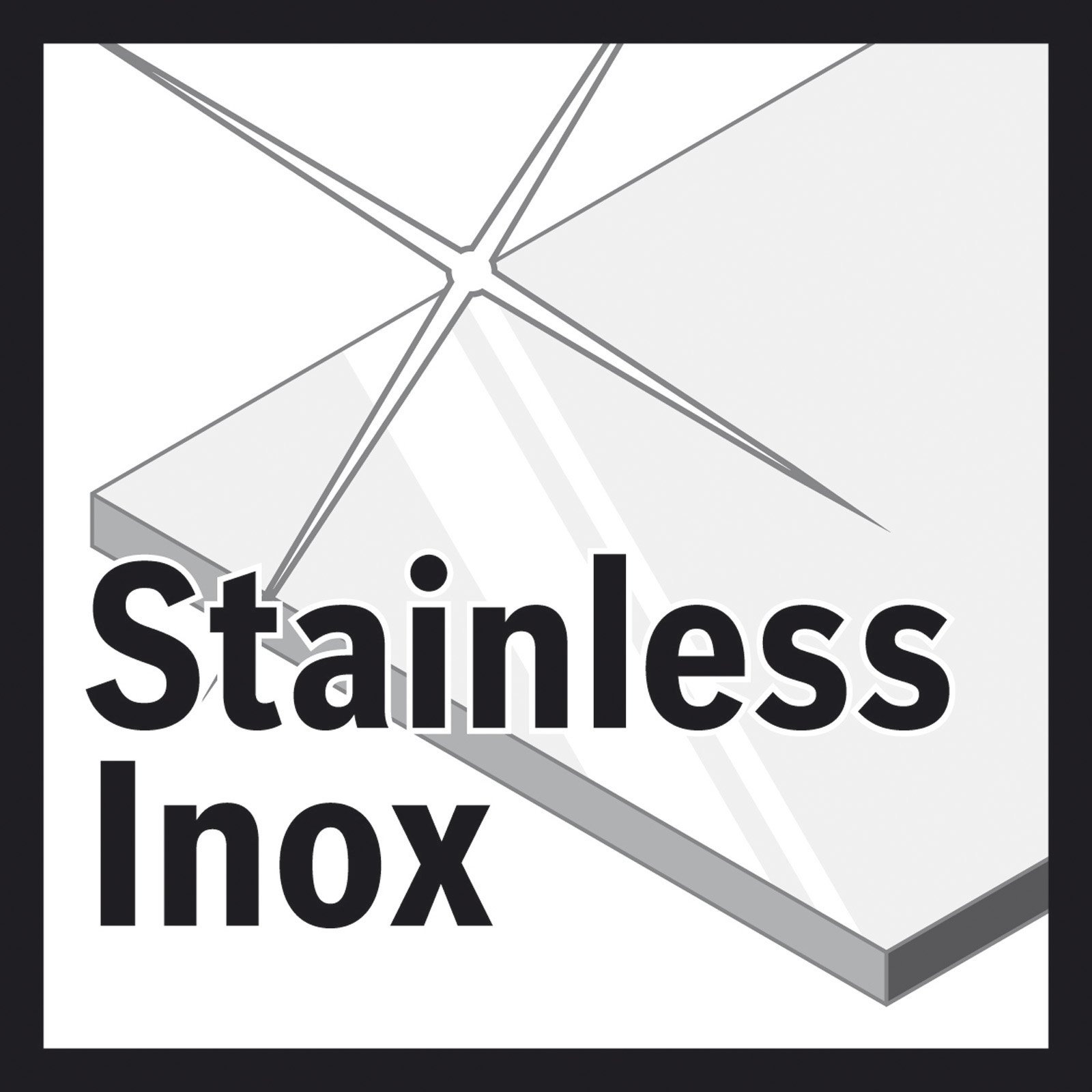 "Stainless Inox" yazılı logosu. Arka planda çapraz desenli paslanmaz çelik bir düzlemin geometrik tasarımı.