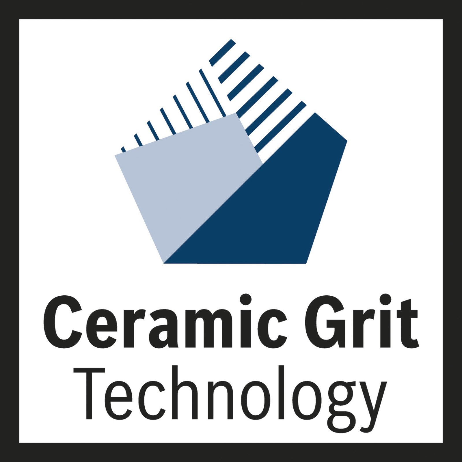 Mavi ve açık mavi soyut geometrik şekiller içeren logo. Altındaki metin 'Ceramic Grit Technology' yazıyor.