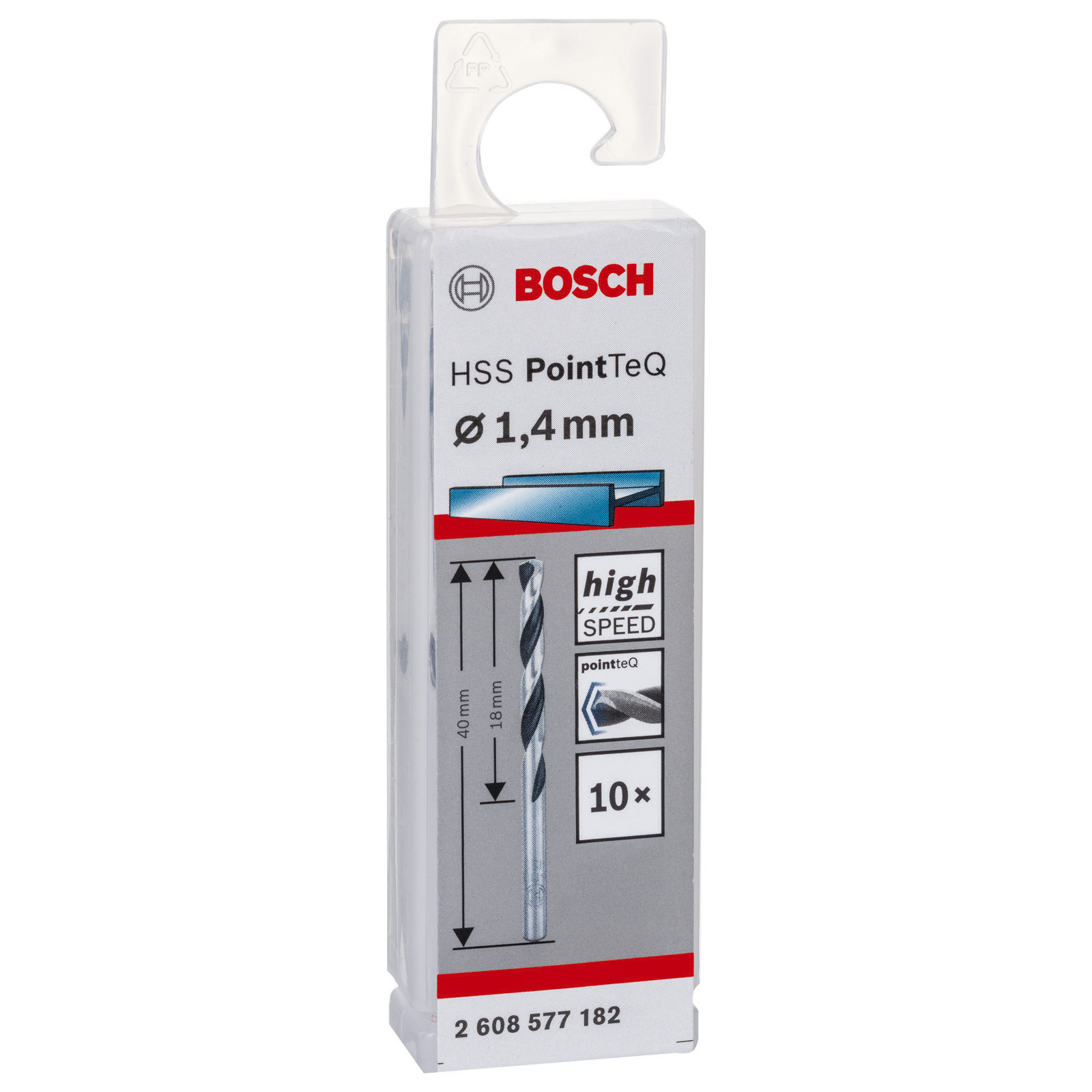 Bosch Bohrerverpackung. Enthält einen HSS PointTeQ Bohrer, 1,4 mm Durchmesser. Hohe Geschwindigkeit. 10er-Pack.