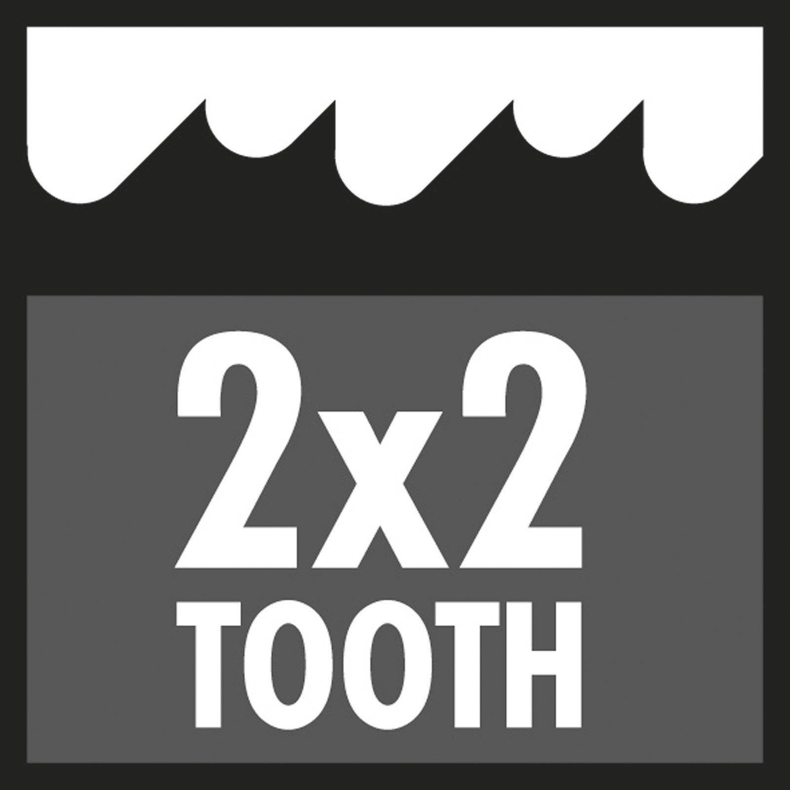 Czarno-biały obraz. Góra: wzór falisty. Środek: Szary prostokąt z białym tekstem '2x2 TOOTH'.