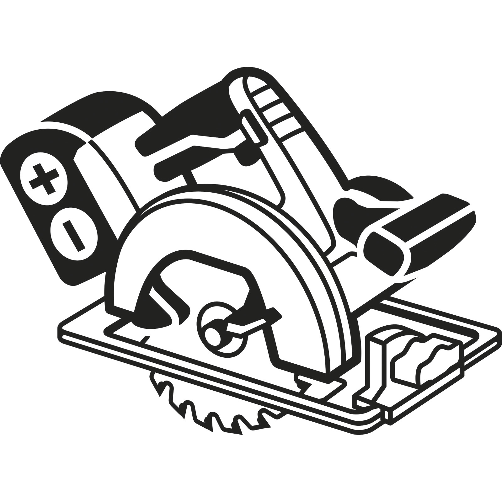 Schwarz-Weiß-Illustration einer Kreissäge mit Akkupack. Sägeblatt, Sockel und Griff sind sichtbar.