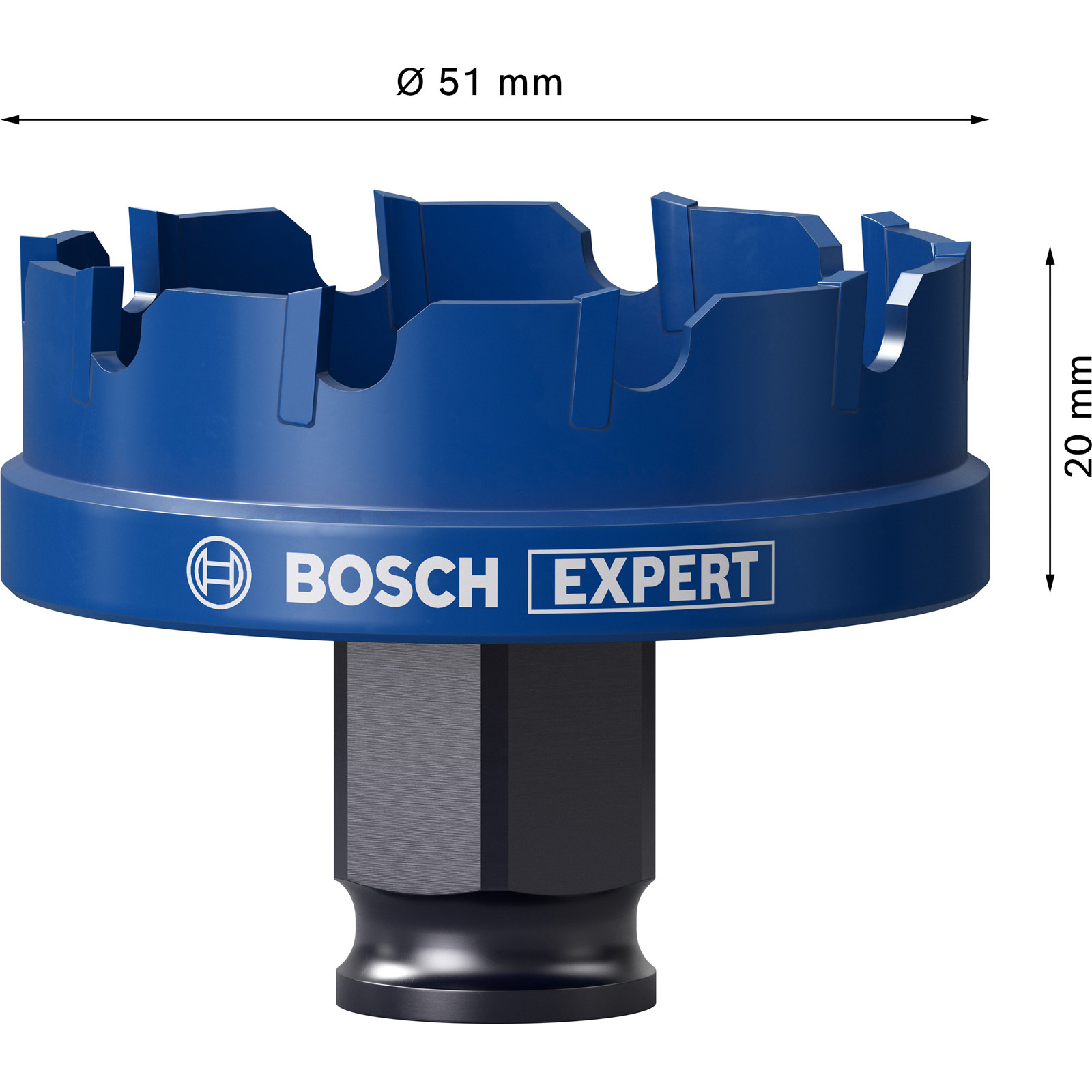 Niebieska piła otwornica Bosch Expert. Średnica 51 mm, wysokość 20 mm. Czarny, sześciokątny trzpień. Biały tekst: Bosch Expert.