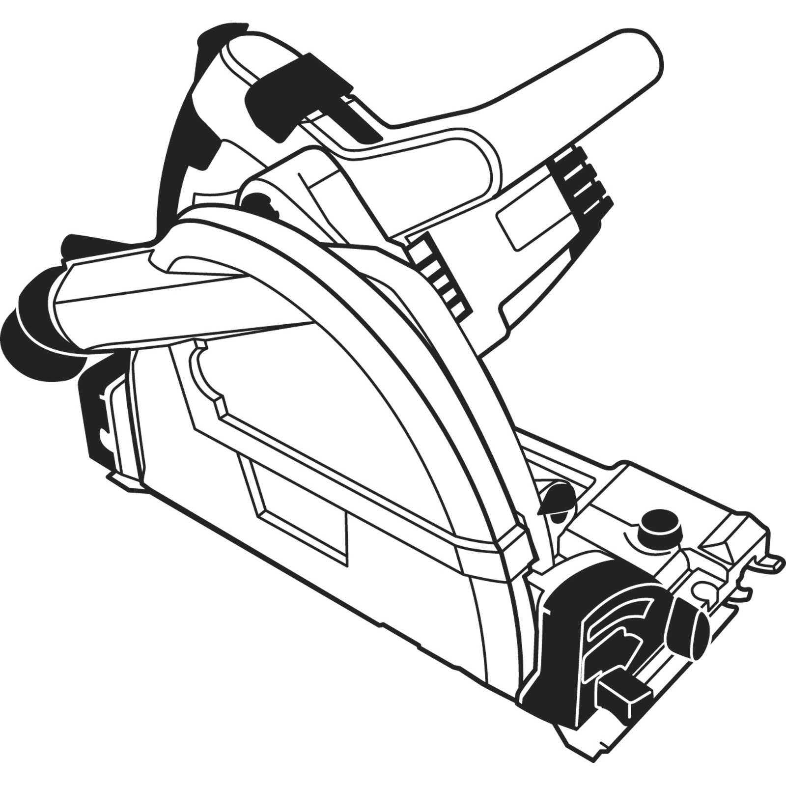 Schwarz-Weiß-Illustration eines Elektrowerkzeugs, wahrscheinlich einer Säge, mit detaillierten mechanischen Komponenten.