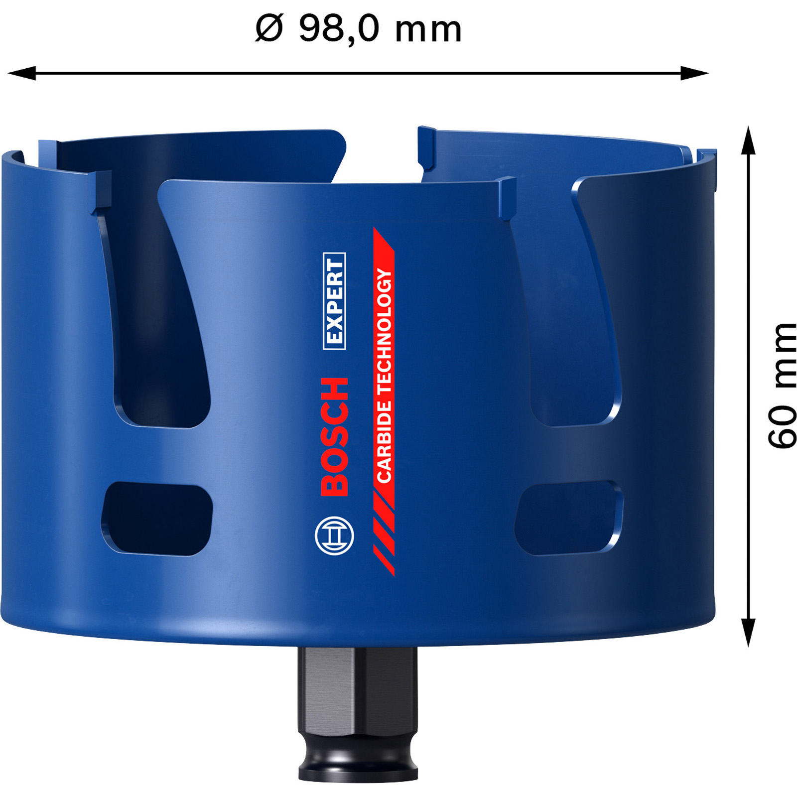 Niebieska piła otwornica Bosch EXPERT z czarnym trzpieniem. Wymiary: średnica 98,0 mm, wysokość 60 mm. Czerwone logo Bosch EXPERT.
