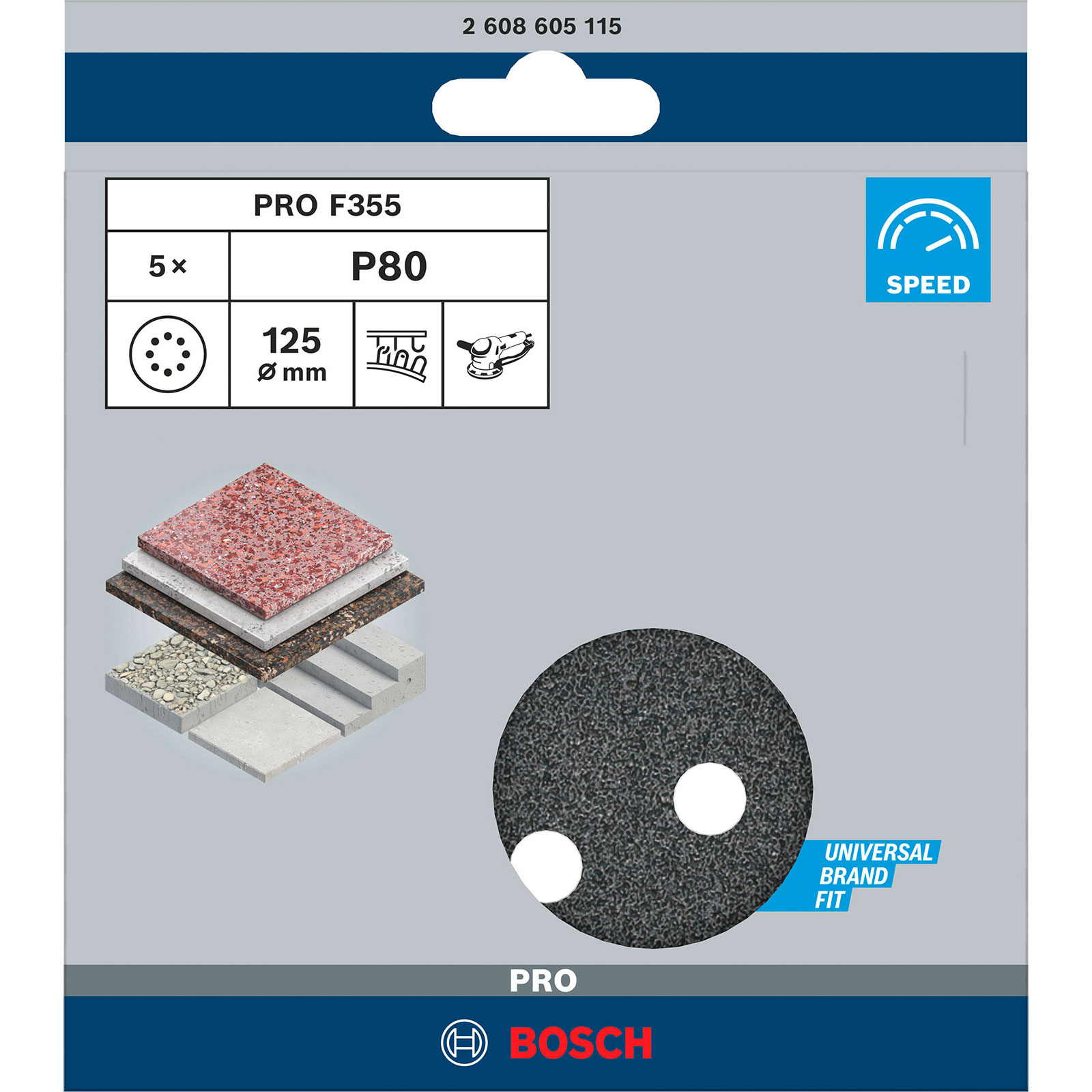 Bosch Pro F355 Schleifscheibenverpackung. Sie zeigt die Scheibe und Materialproben, die sie schleifen kann. Geschwindigkeitsanzeige.