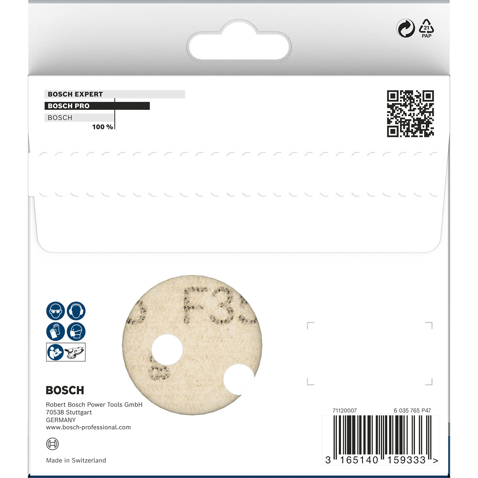 Bosch Schleifscheibenverpackung. Beige Scheibe mit Löchern und schwarzem Text, auf weißem Hintergrund.