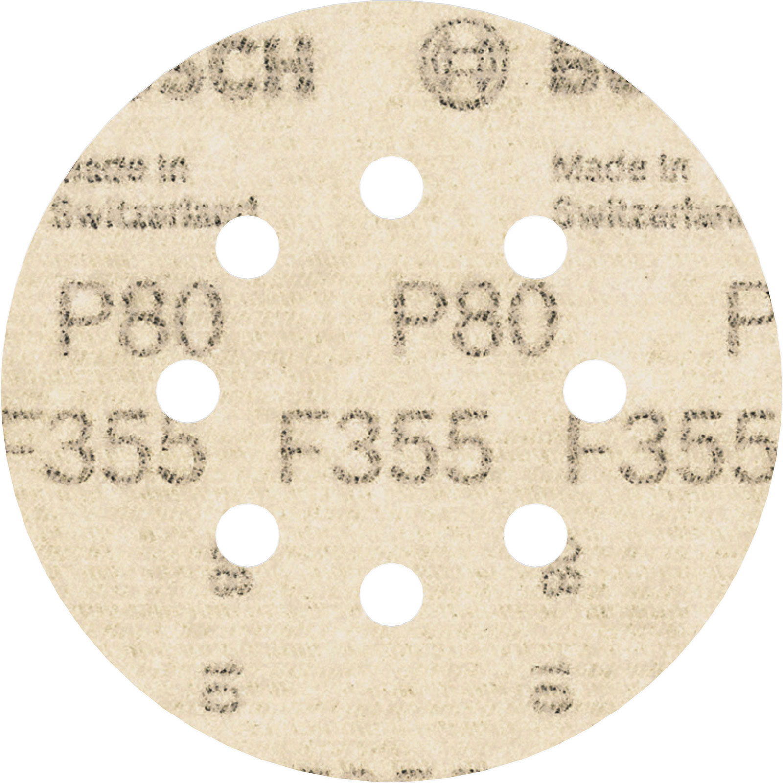 Runde Schleifscheibe, beige, mit weißen Löchern und Text wie P80, F355 und Swiss Made.
