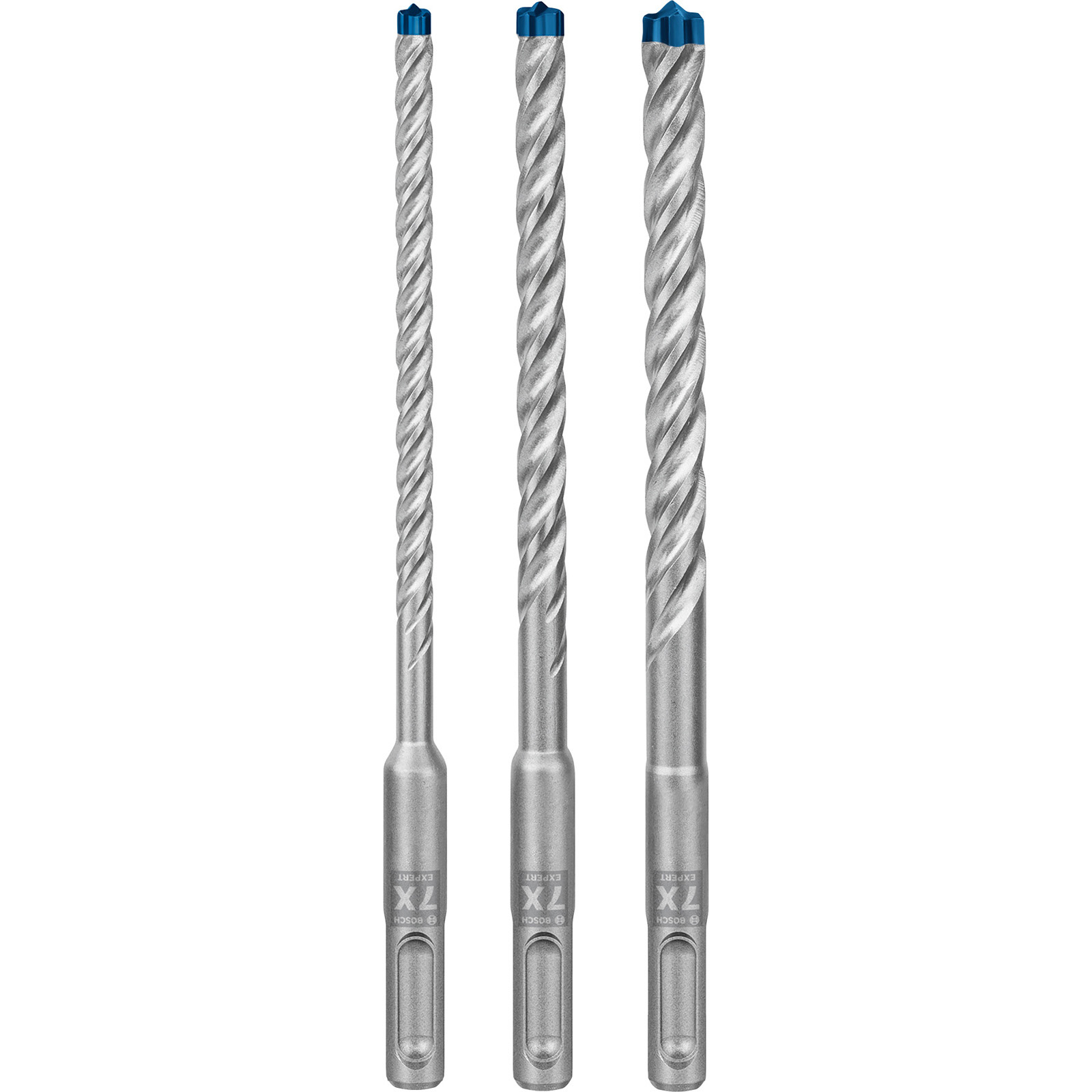 Drei silberne Bohrer mit blauen Spitzen, spiralförmigen Schäften und quadratischen Basen, beschriftet mit 'Expert 7X Bosch'.