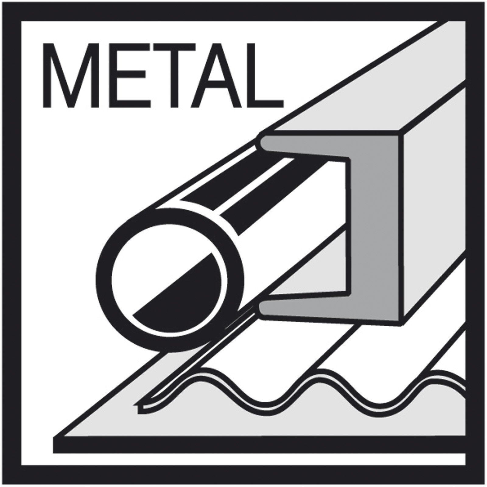 Illustrazione di componenti metallici: un tubo, una forma a U e una lamiera ondulata, etichettata 'METAL'.