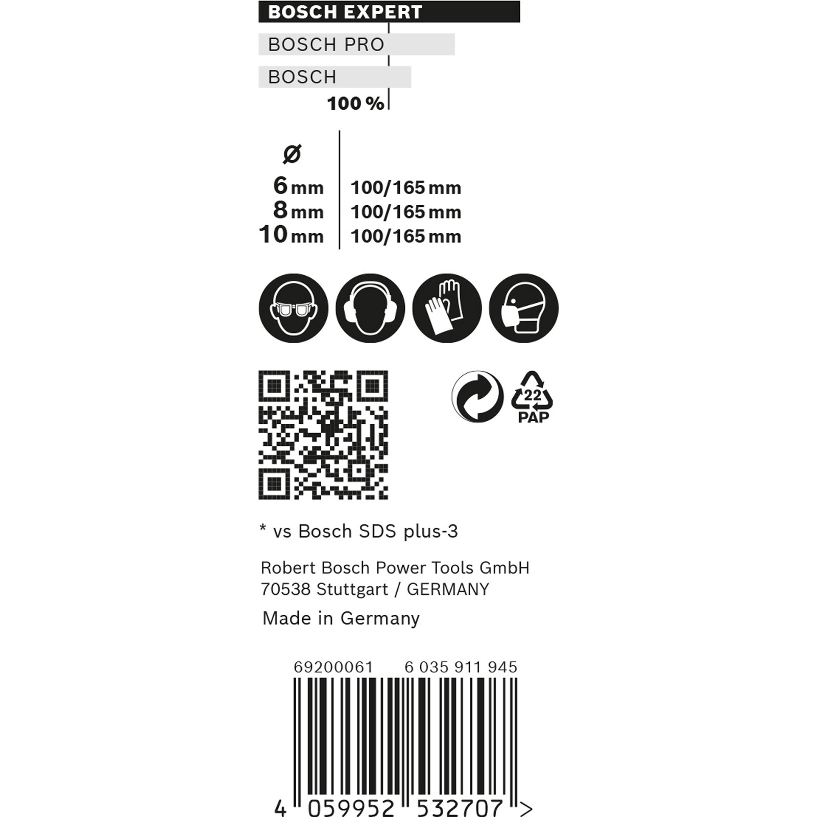 Weißer Hintergrund mit Bosch-Logo, Größenangaben, Sicherheitssymbolen, QR-Code und Barcode.