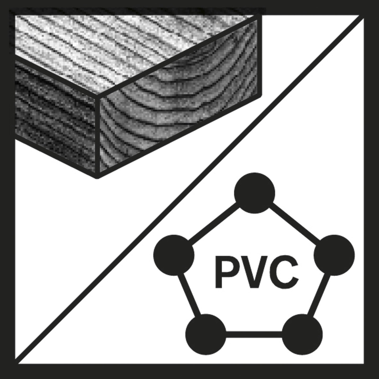 Illustrazione con un blocco di legno e un simbolo PVC su sfondo bianco, divisa da linee diagonali.