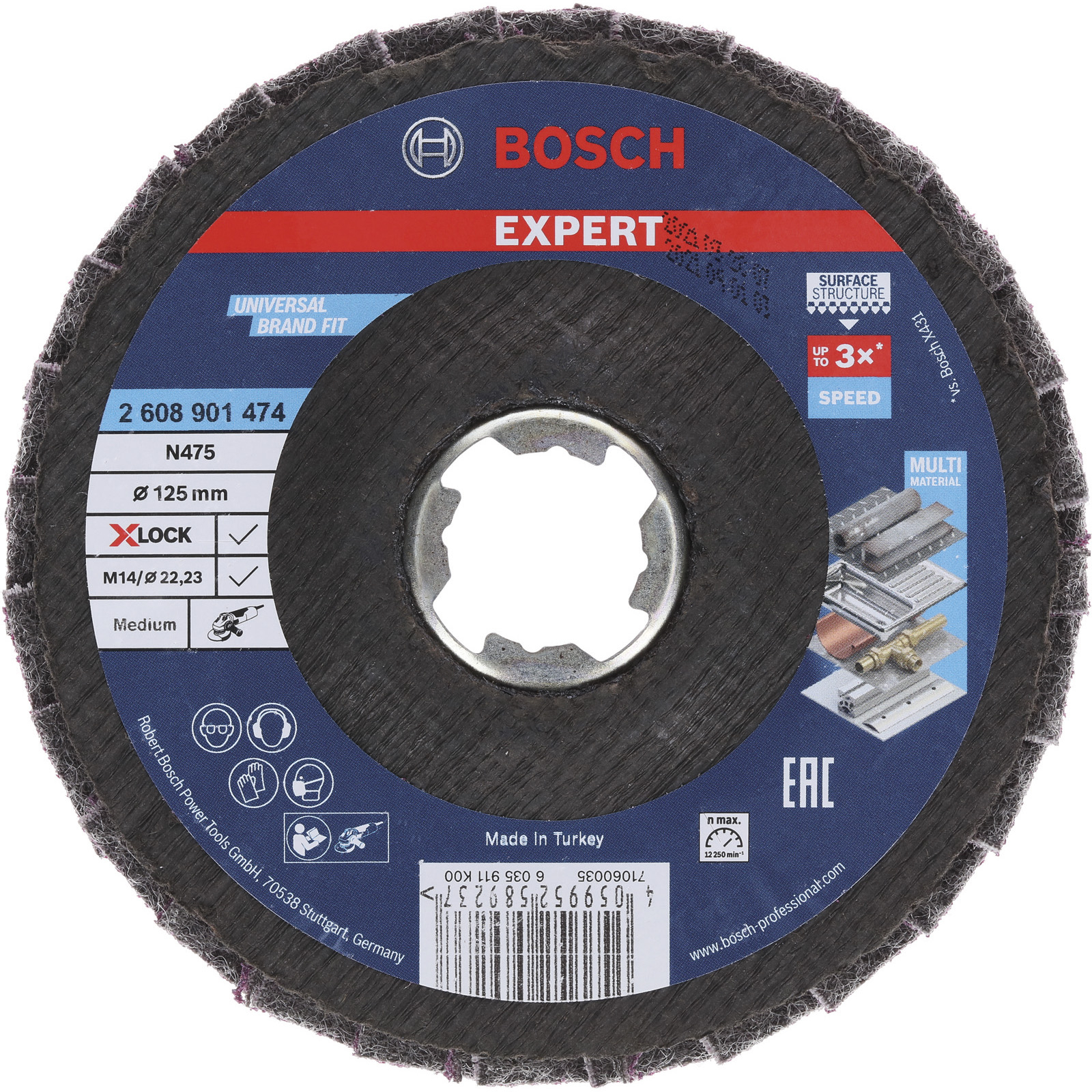 Bosch Expert Schleifscheibe. Schwarze Scheibe mit blauen und roten Etiketten. Text enthält Markennamen, Spezifikationen und Sicherheitssymbole.