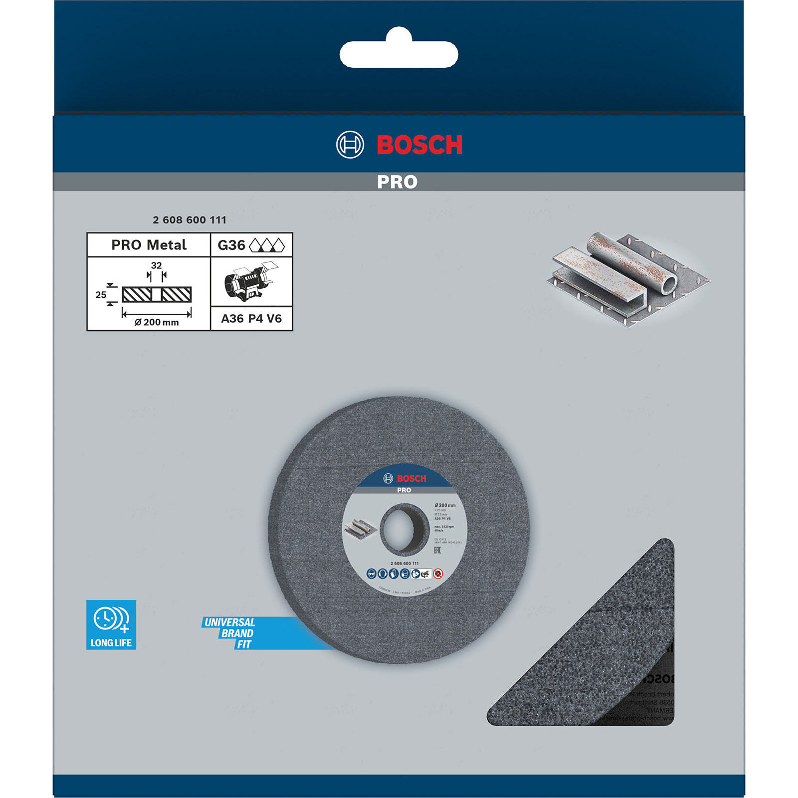 Disco abrasivo Bosch Pro. Disco grigio con etichetta. Utensili per smerigliatura del metallo. Sfondo blu e bianco.