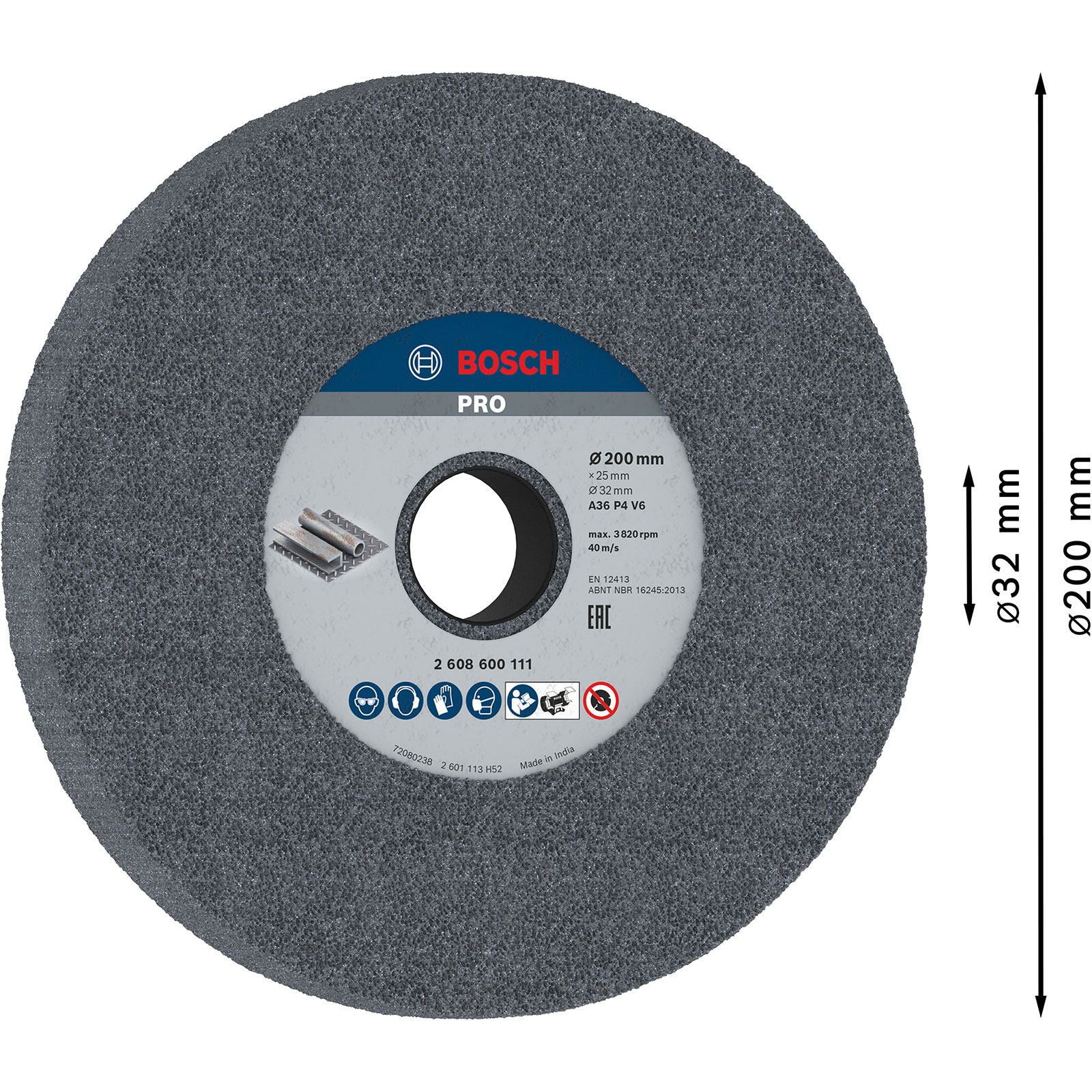 Disco abrasivo Bosch PRO grigio, dimensioni 200 mm, 32 mm, 25 mm. Dettagli tecnici e simboli di sicurezza visibili.