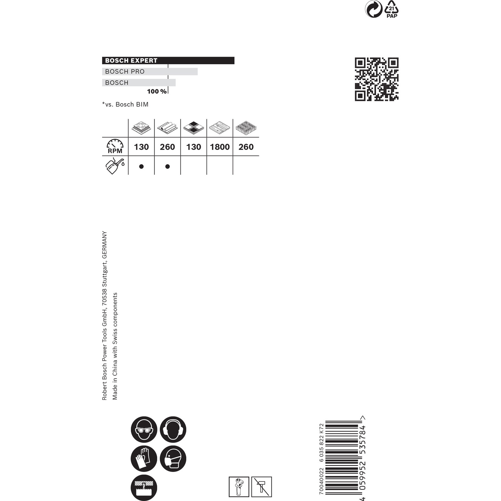 Weißer Hintergrund mit Bosch-Branding und Spezifikationen, einschließlich Sicherheitssymbolen und Produktdetails. QR-Code und Barcode vorhanden.