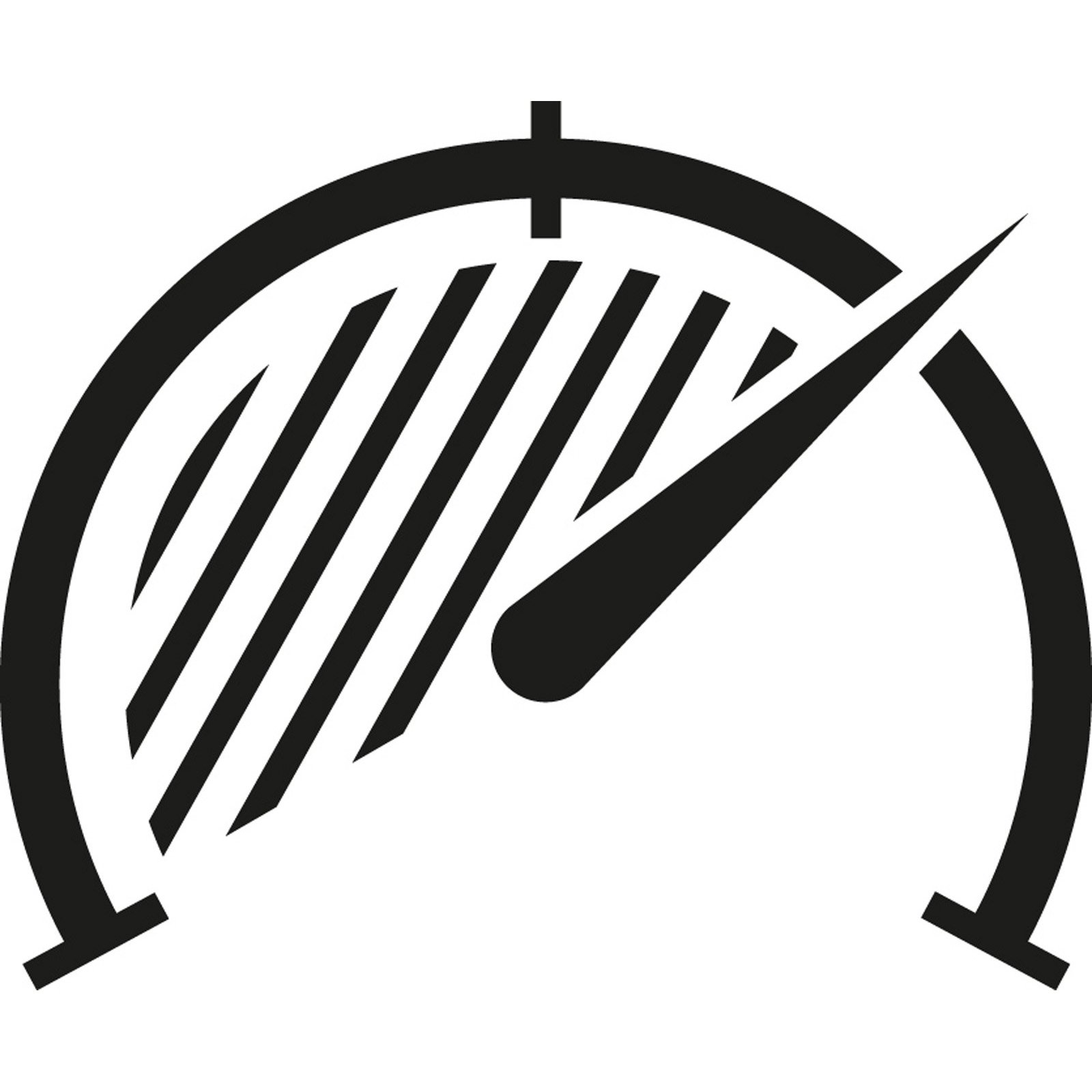 Czarna ikona prędkościomierza. Półkole z igłą w prawo. Linie wskazują prędkość.