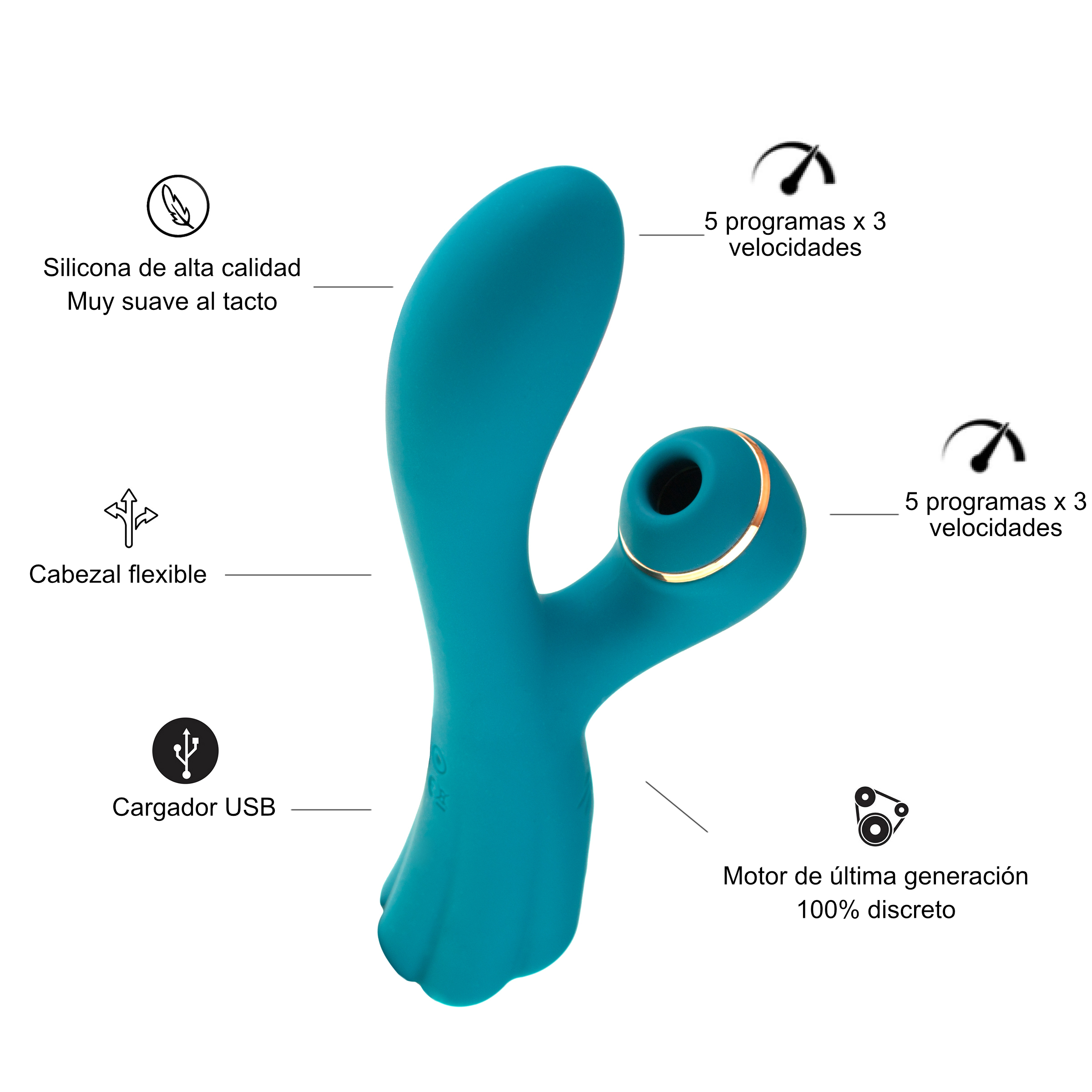 Vibrador turquesa con características de silicona de alta calidad, cabezal flexible y carga USB. Tiene 5 programas y 3 velocidades.