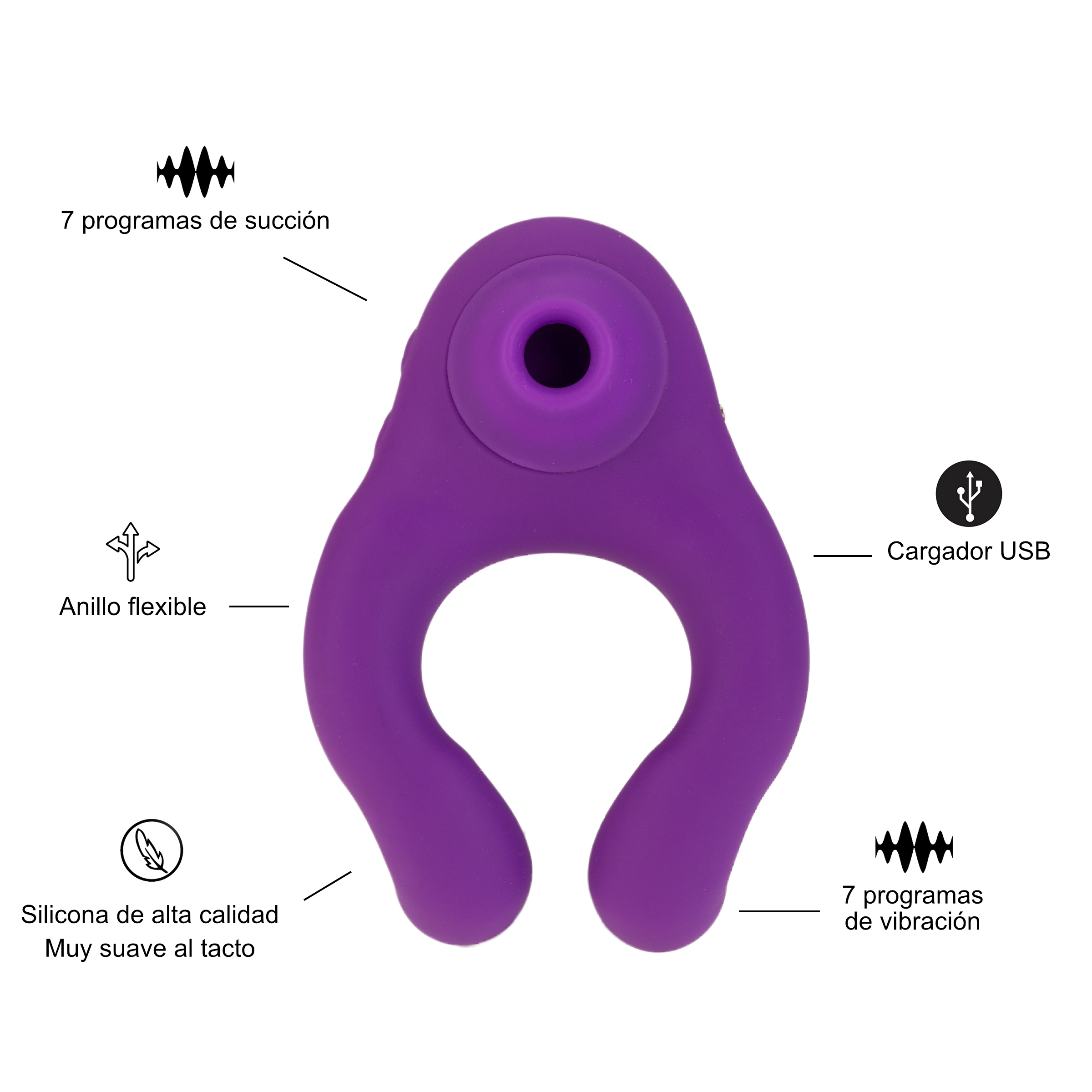 Un juguete sexual morado, en forma de anillo, con funciones de succión y vibración, cargador USB, silicona suave, anillo flexible.
