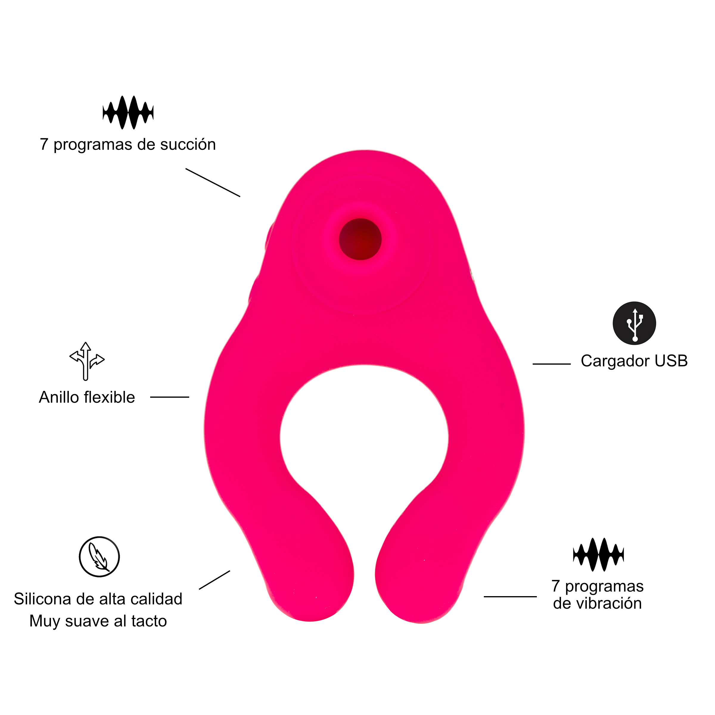 Un juguete sexual rosa sobre fondo blanco. Incluye succión, vibración, carga USB, anillo flexible y silicona suave.