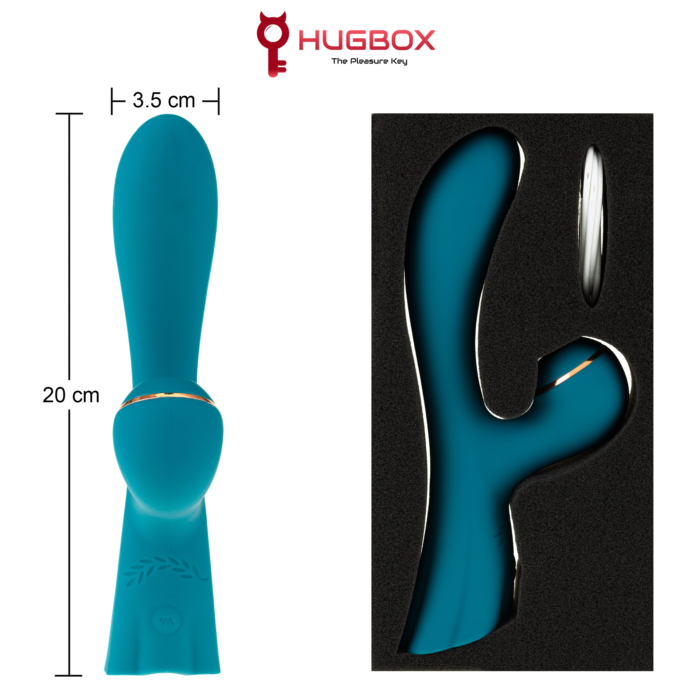 Juguete sexual turquesa con detalles dorados, 20 cm de largo. Presentado con diseño a juego en estuche negro.