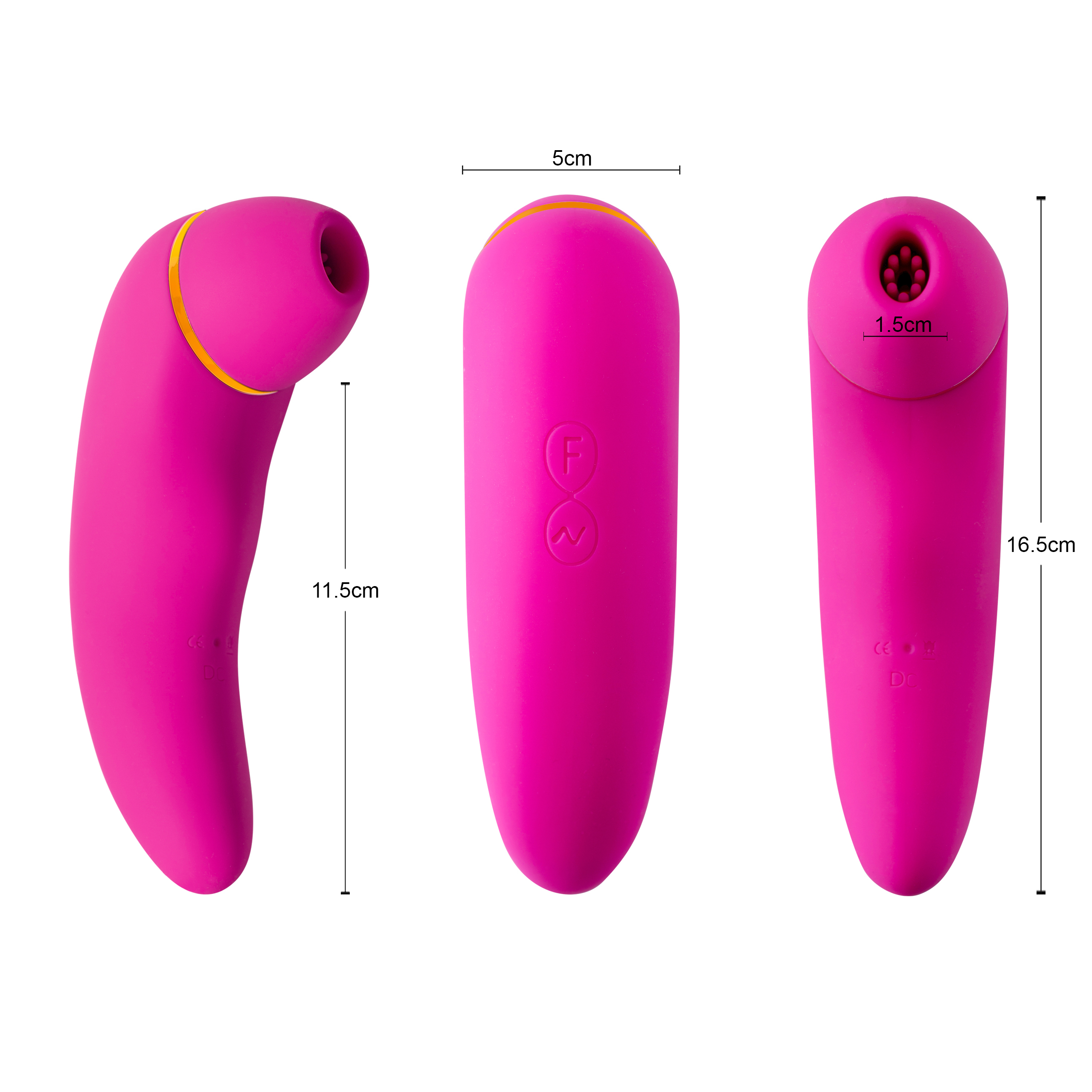 Tres juguetes sexuales rosas con dimensiones. Uno curvado, uno con botones y otro con punta texturizada.