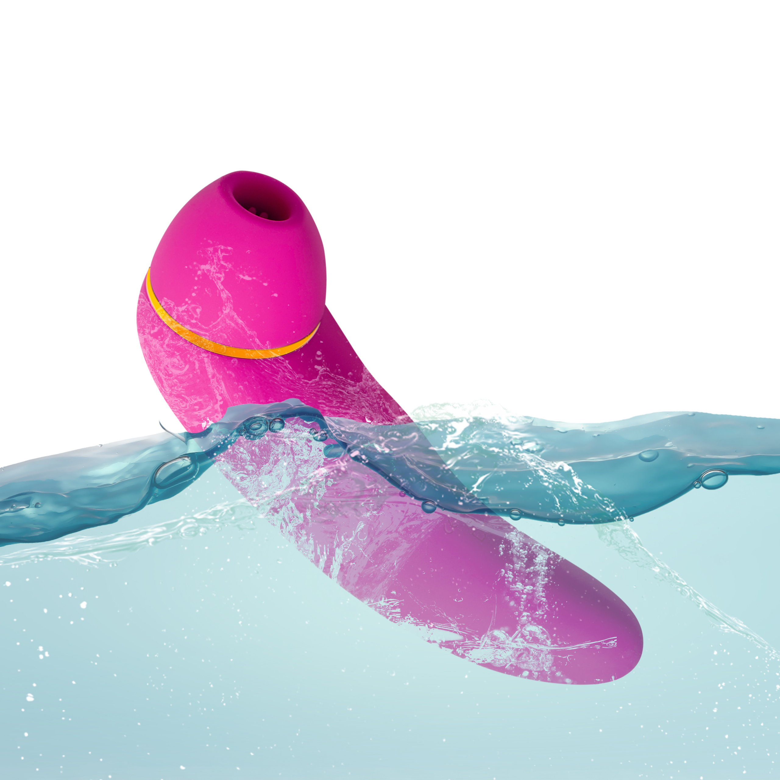 Un juguete sexual rosa sumergido en agua. El agua tiene burbujas y ondulaciones, el fondo es blanco.