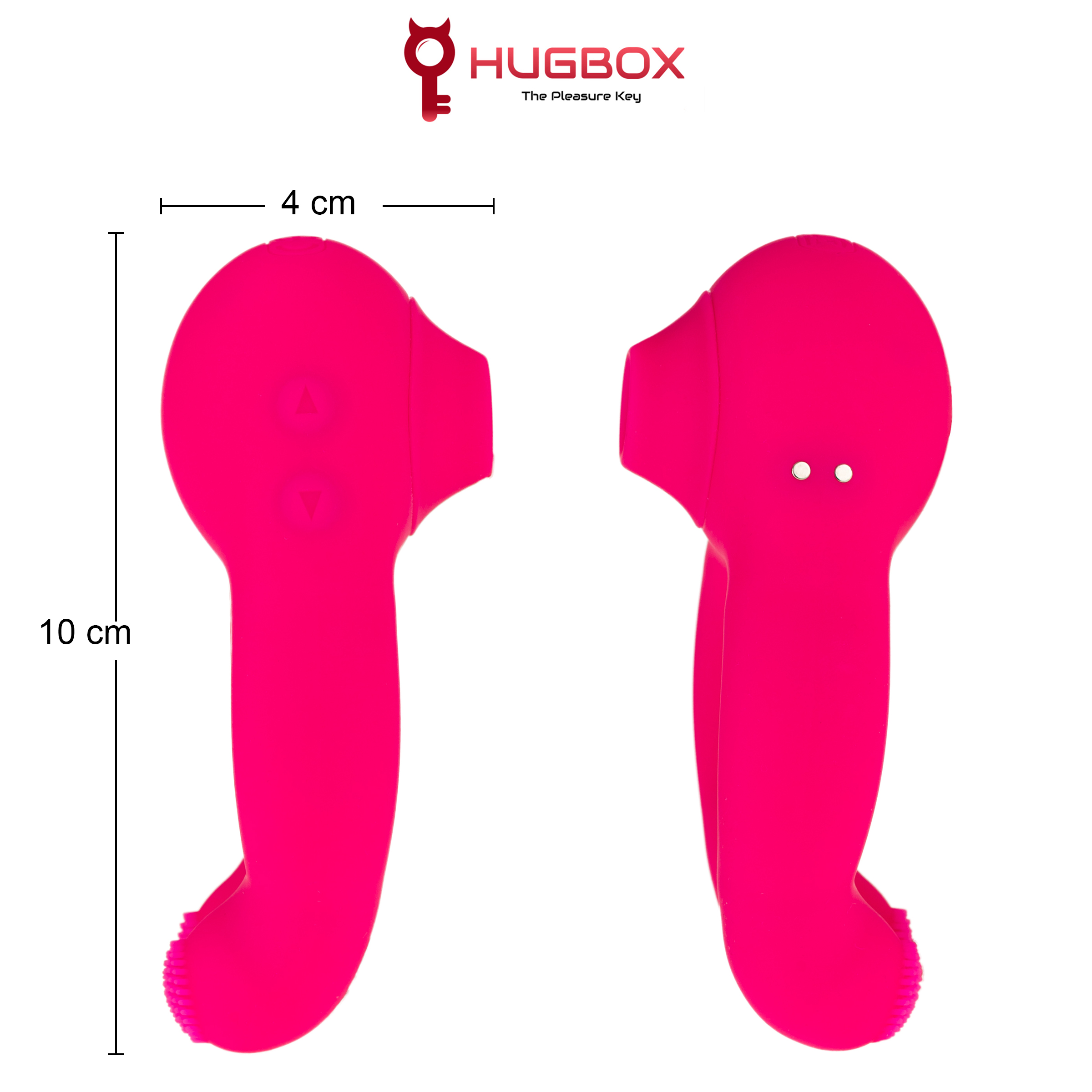 Dos vibradores rosas, 10 cm de largo, 4 cm de ancho, sobre fondo blanco. Arriba: logotipo de Hugbox. Se indican las dimensiones.