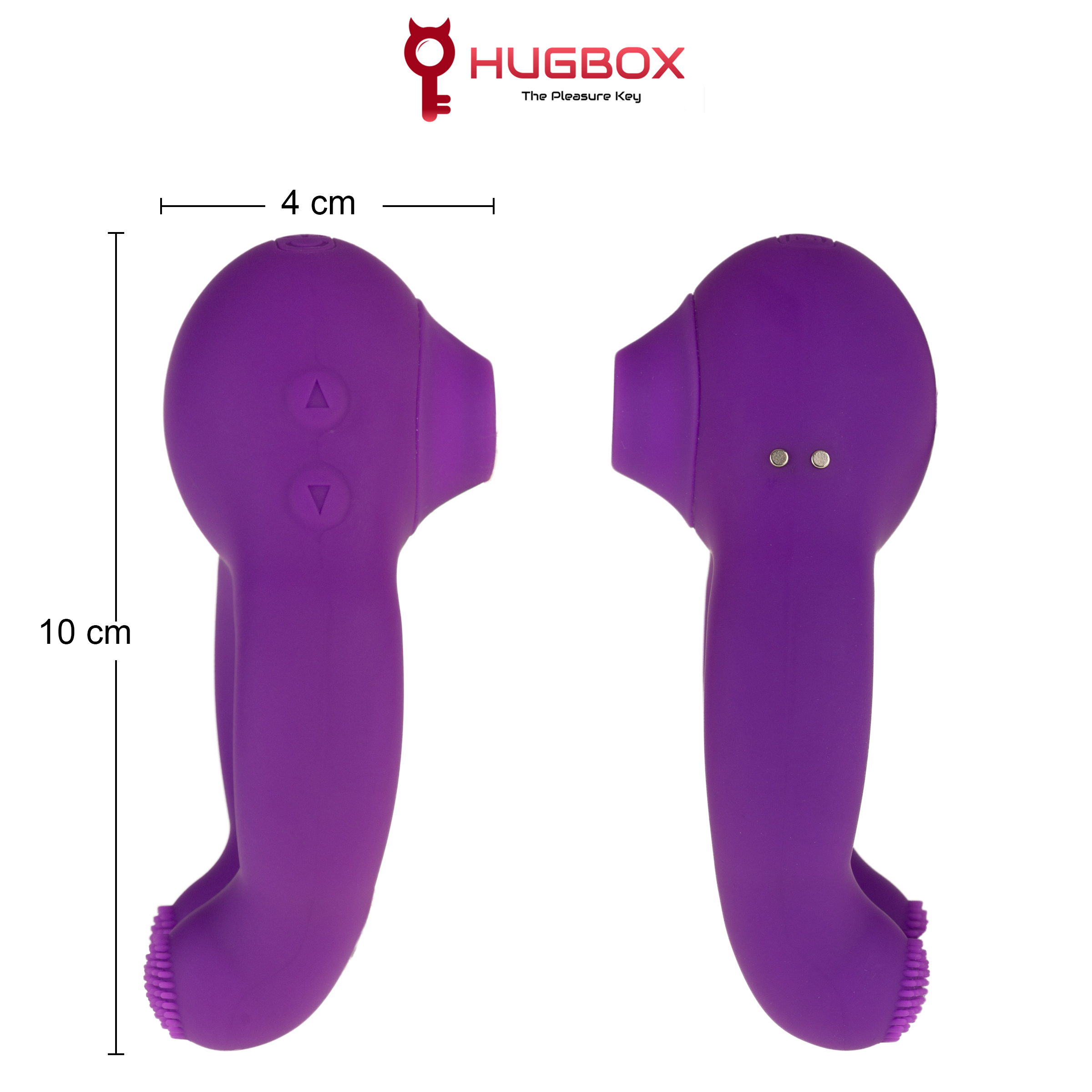 Dos juguetes sexuales morados sobre fondo blanco. Uno muestra botones. Se indican las dimensiones. El logo dice HUGBOX.