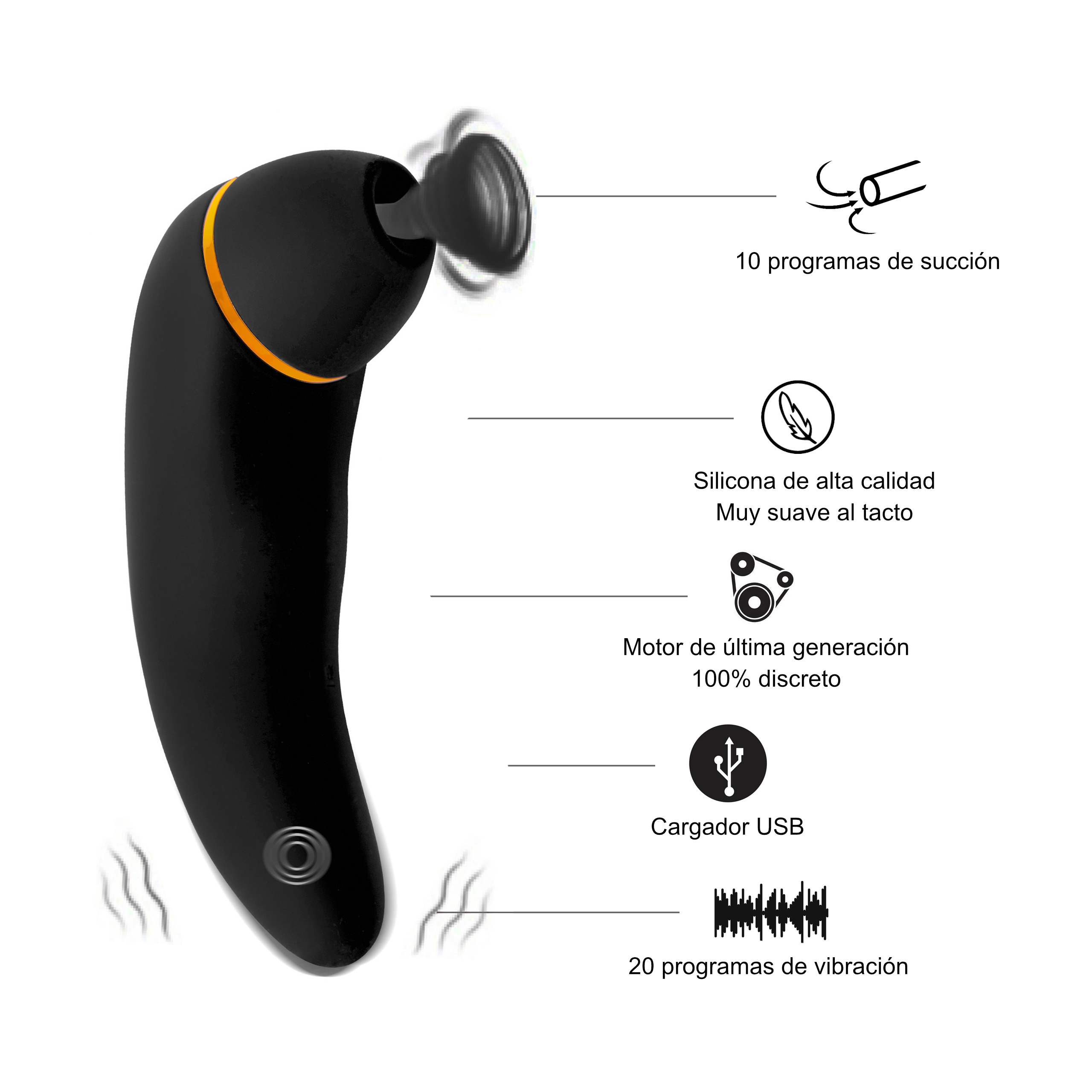 Juguete sexual negro con ribete naranja, texto describe: succión, silicona, motor, cargador USB, vibración.