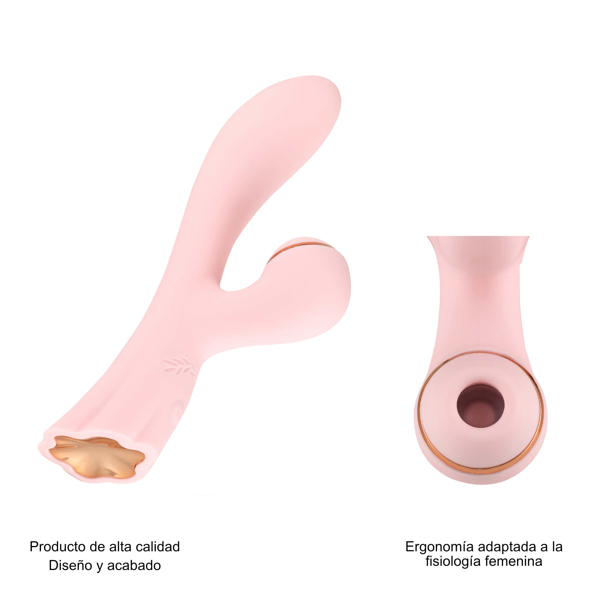Juguete sexual rosa con detalles dorados, dos vistas. Texto: producto de alta calidad, diseño y ergonomía adaptada.