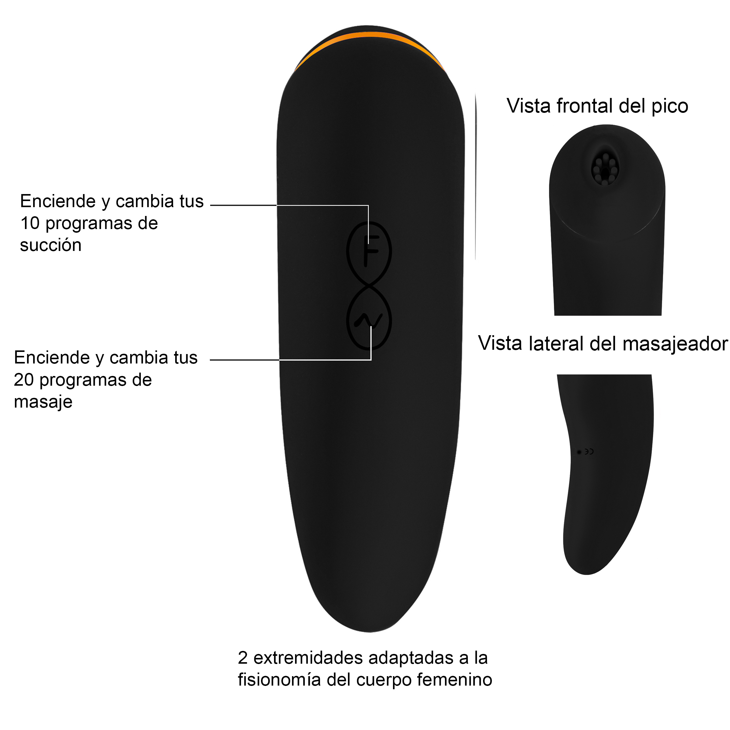 Juguete sexual negro con acento naranja. Muestra vistas frontal y lateral. Características incluyen succión, programas de masaje y diseño corporal.