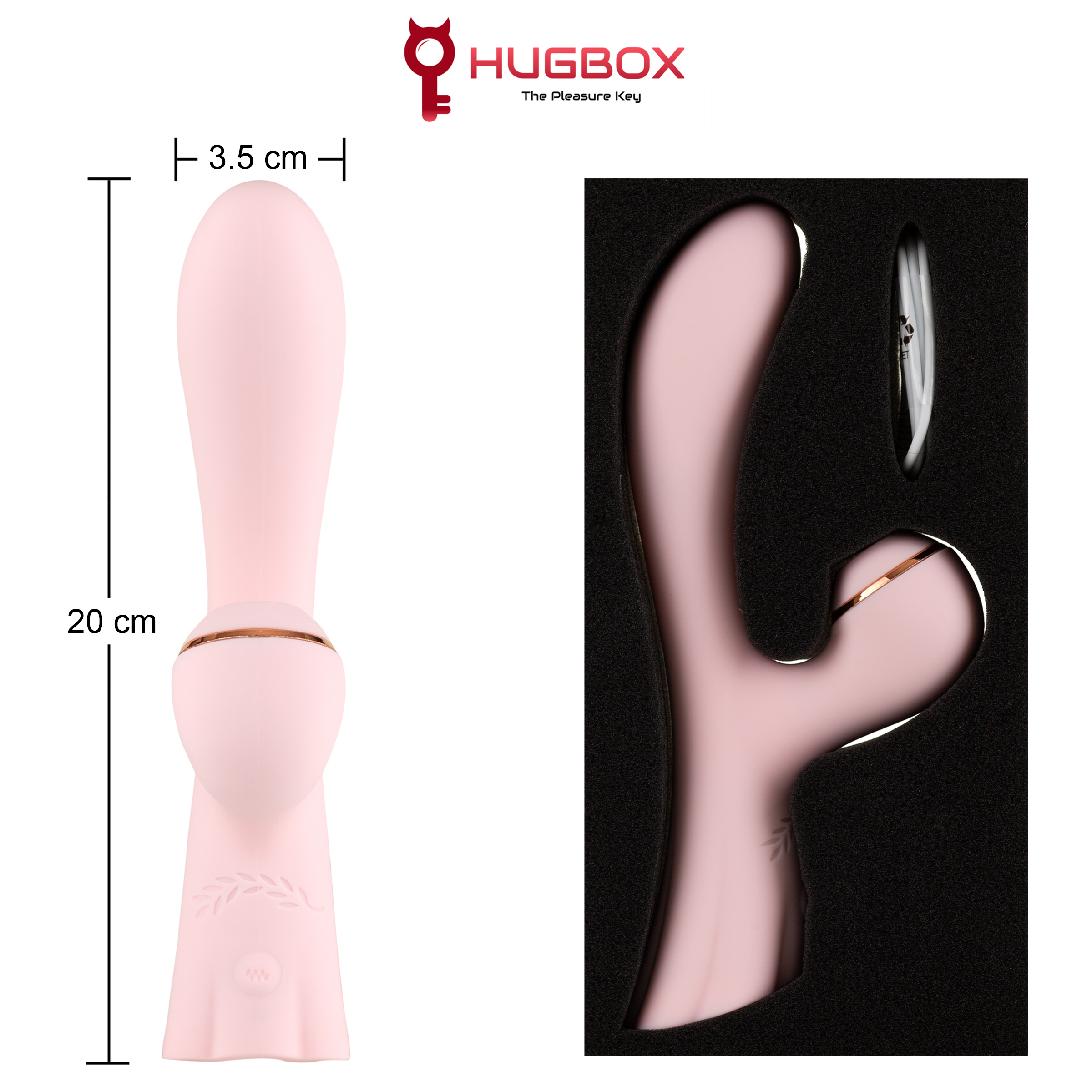 Juguete sexual rosa con dimensiones, junto a una caja con el mismo juguete. Fondo negro y fondo blanco.
