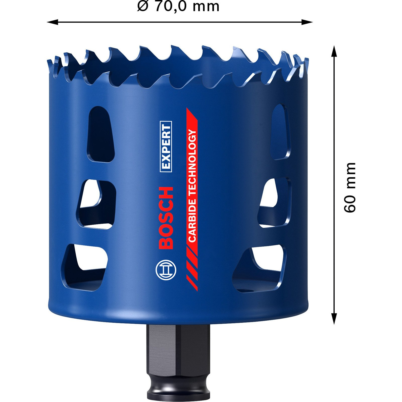 Blaue Bosch Expert Lochsäge. Carbide-Technologie. Abmessungen: 70 mm Durchmesser, 60 mm Höhe. Schwarzer Schaft.