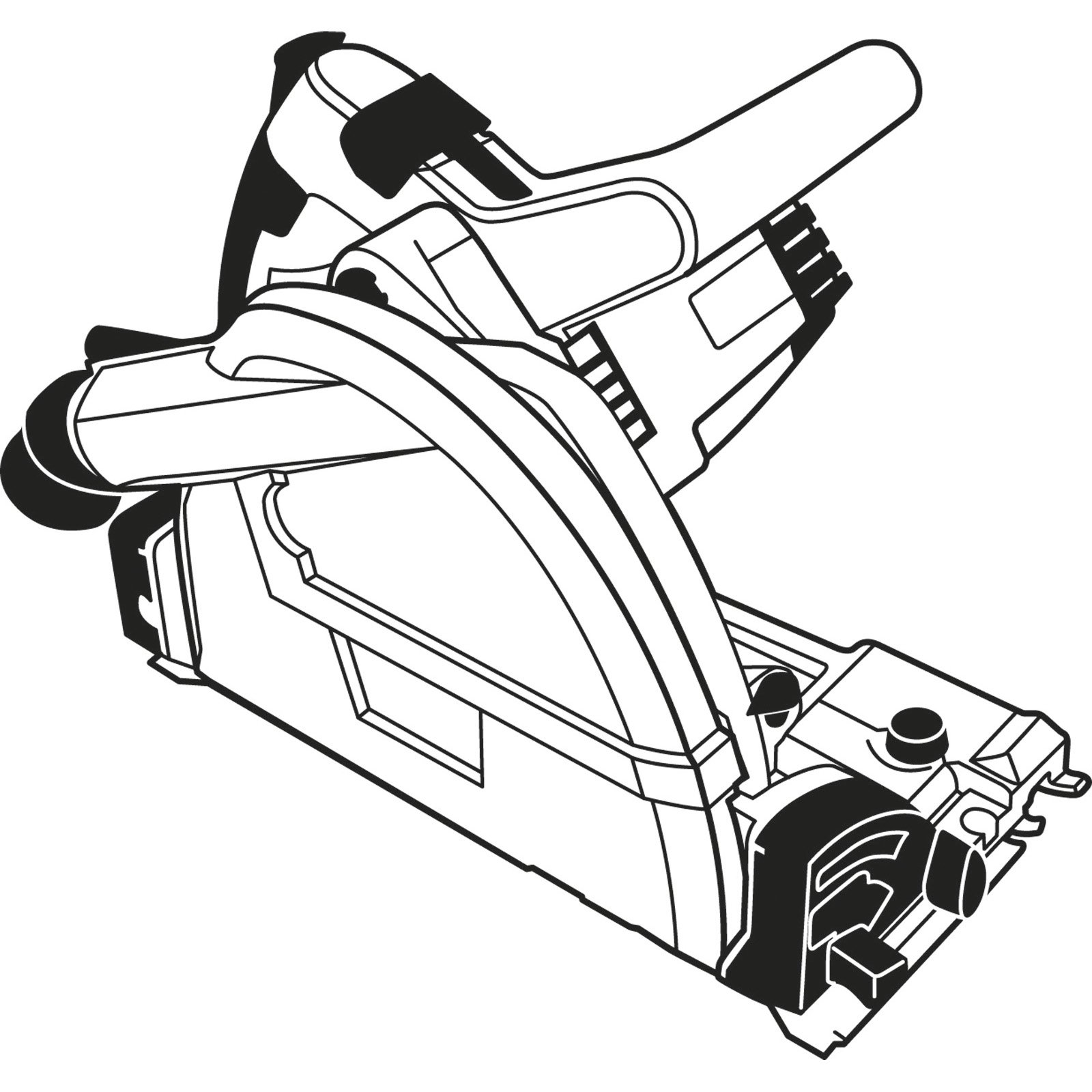 Strichzeichnung eines Elektrowerkzeugs, wahrscheinlich einer Kettensäge, mit gebogenem Griff und abgewinkelter Klinge, schwarze Linien auf Weiß.