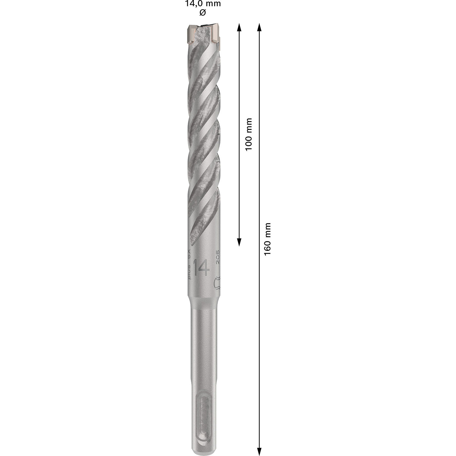 Boyut işaretleri ve ölçü etiketleri olan metal bir matkap ucu. Spiral tasarıma ve silindirik şekle sahiptir.