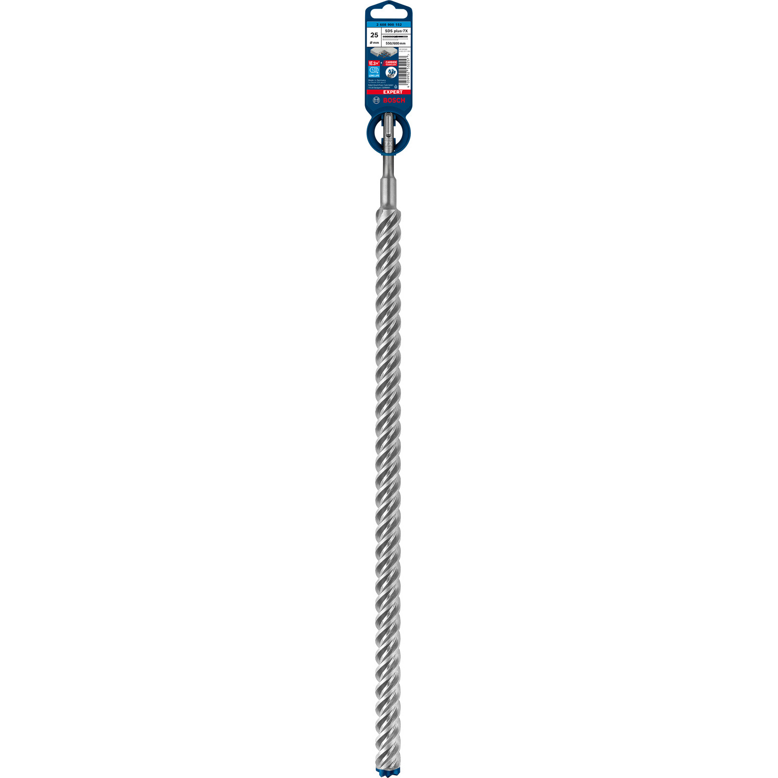 Ein langer, silberner Bohrer mit gewundenem Design. Oben befindet sich ein blau-weißes Etikett.