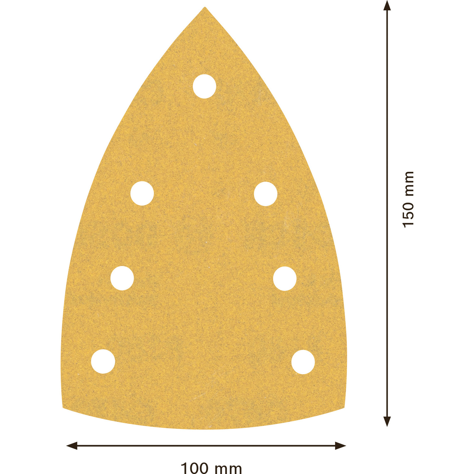 Carta vetrata gialla con fori, dimensioni 150 mm x 100 mm, forma triangolare, su sfondo bianco.