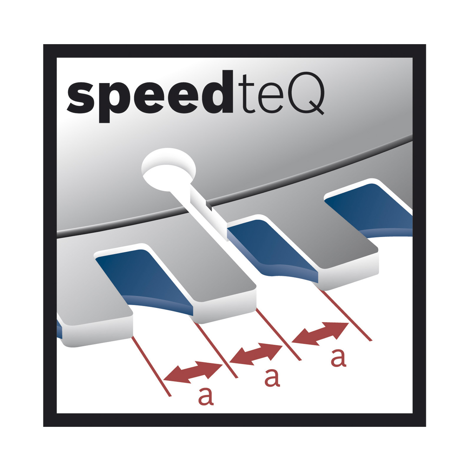 Grafik mit dem Wort speedteQ. Sie zeigt eine schematische Darstellung mit grauen und blauen Rechtecken und roten Pfeilen mit der Beschriftung 'a'.